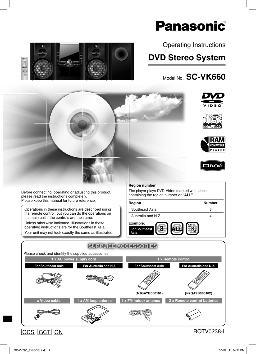 Panasonic SC-VK660 operating instructions Region number, Southeast Asia Australia and N.Z, Example 