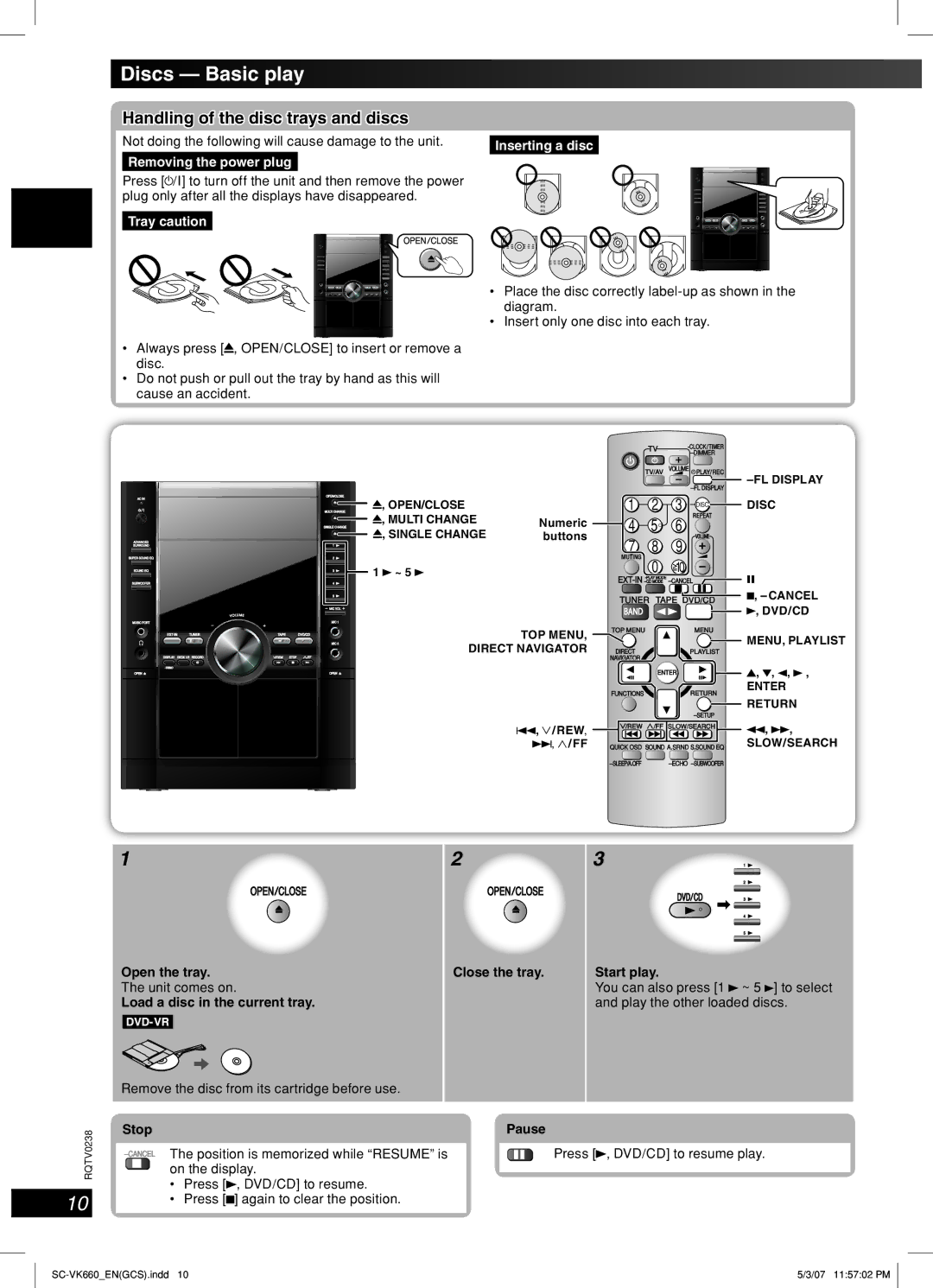 Panasonic SC-VK660 operating instructions Discs Basic play, Handling of the disc trays and discs 