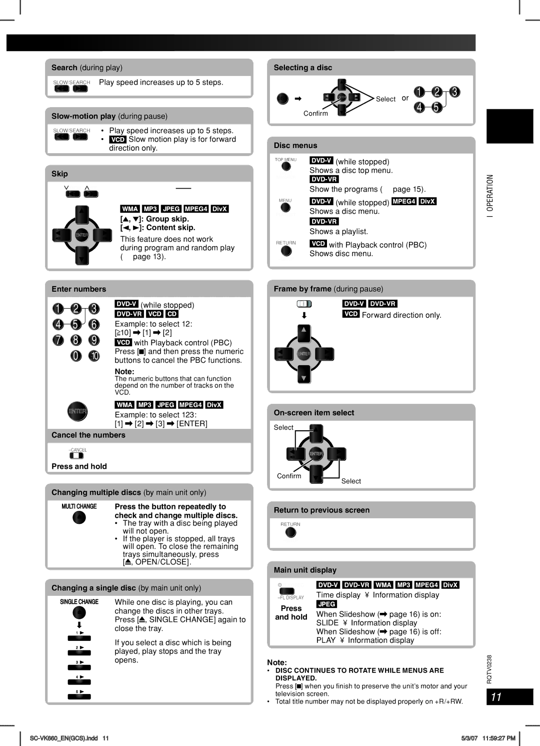 Panasonic SC-VK660 Slow-motion play during pause, Skip Selecting a disc, Disc menus, Enter numbers Group skip Content skip 