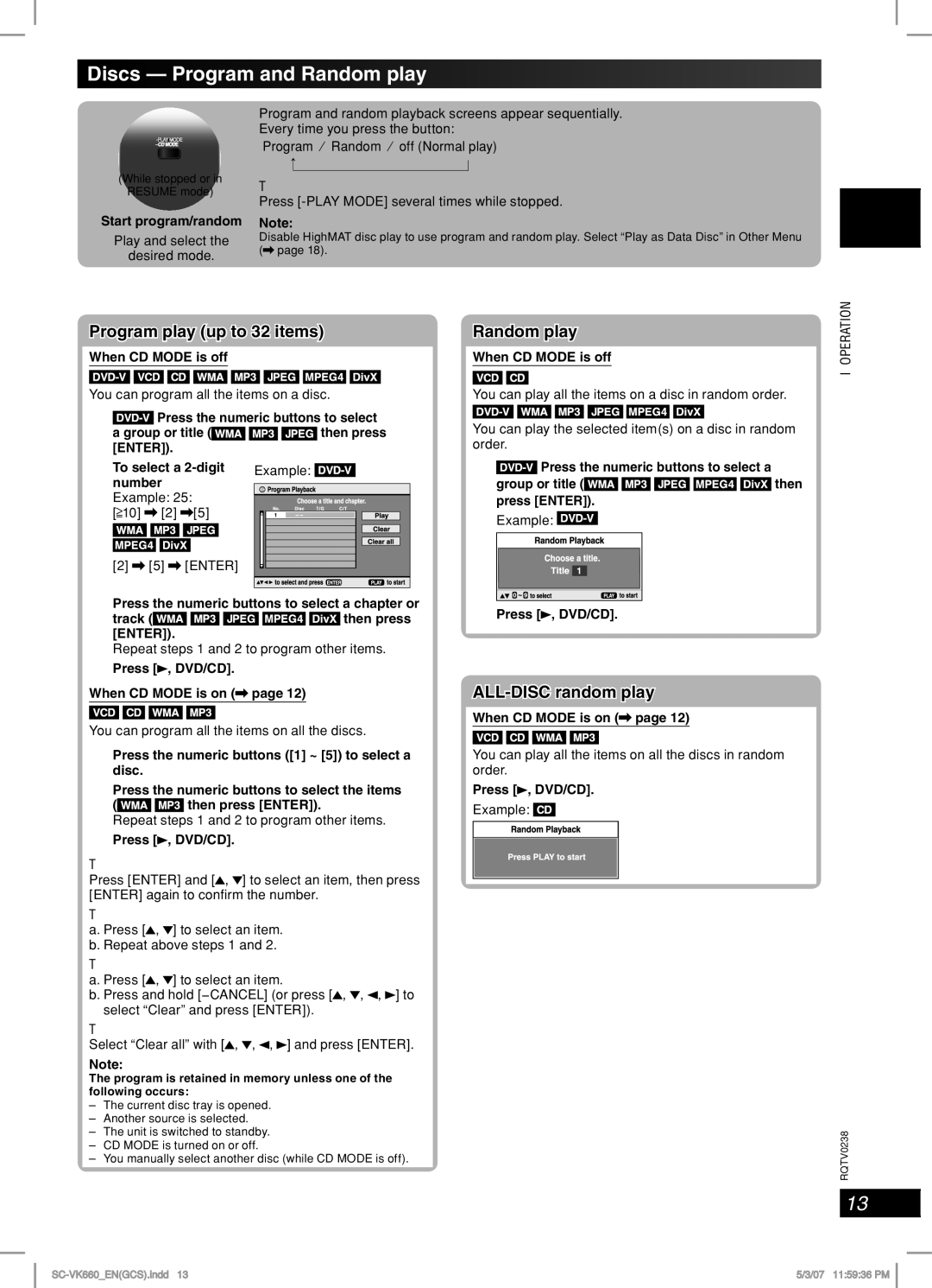 Panasonic SC-VK660 operating instructions Discs Program and Random play, Program play up to 32 items, ALL-DISC random play 