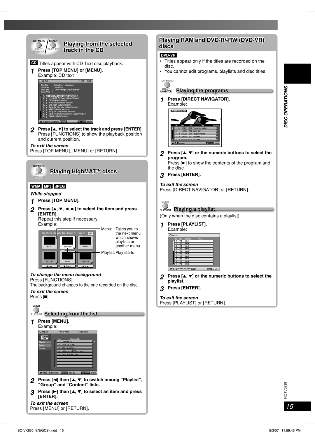 Panasonic SC-VK660 Playing HighMATTM discs, Playing RAM and DVD-R/-RW DVD-VR discs, Playing the programs 