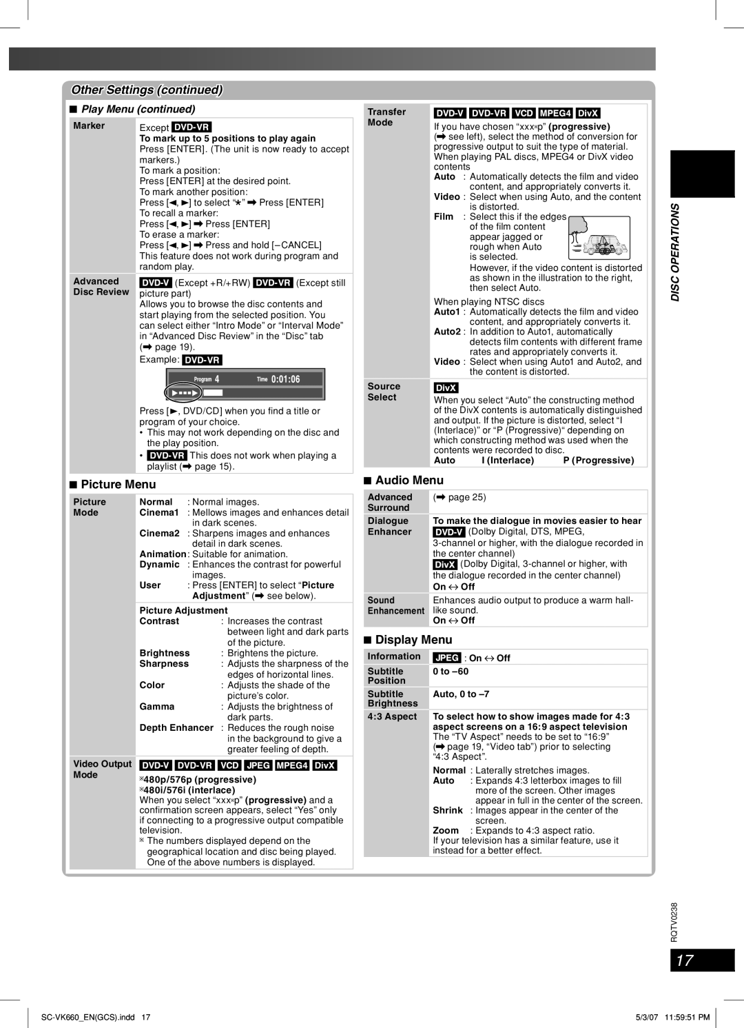 Panasonic SC-VK660 operating instructions Picture Menu Audio Menu, Display Menu, Play Menu 