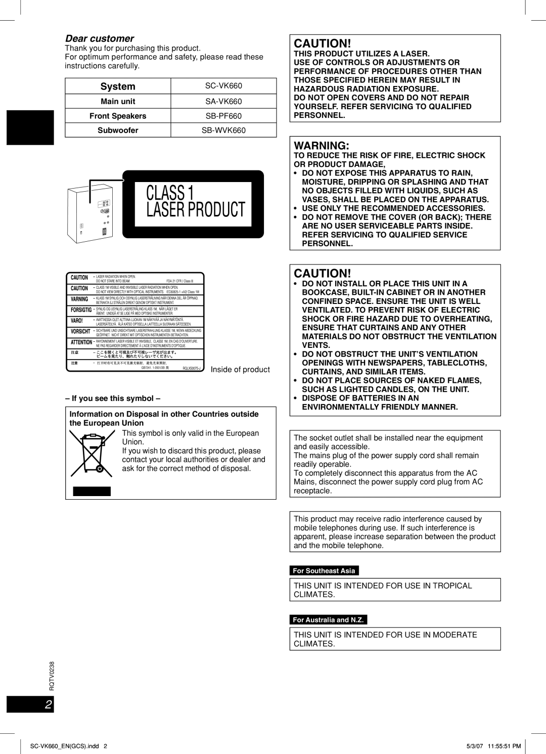 Panasonic SC-VK660 System, Front Speakers SB-PF660, Inside of product, This symbol is only valid in the European Union 