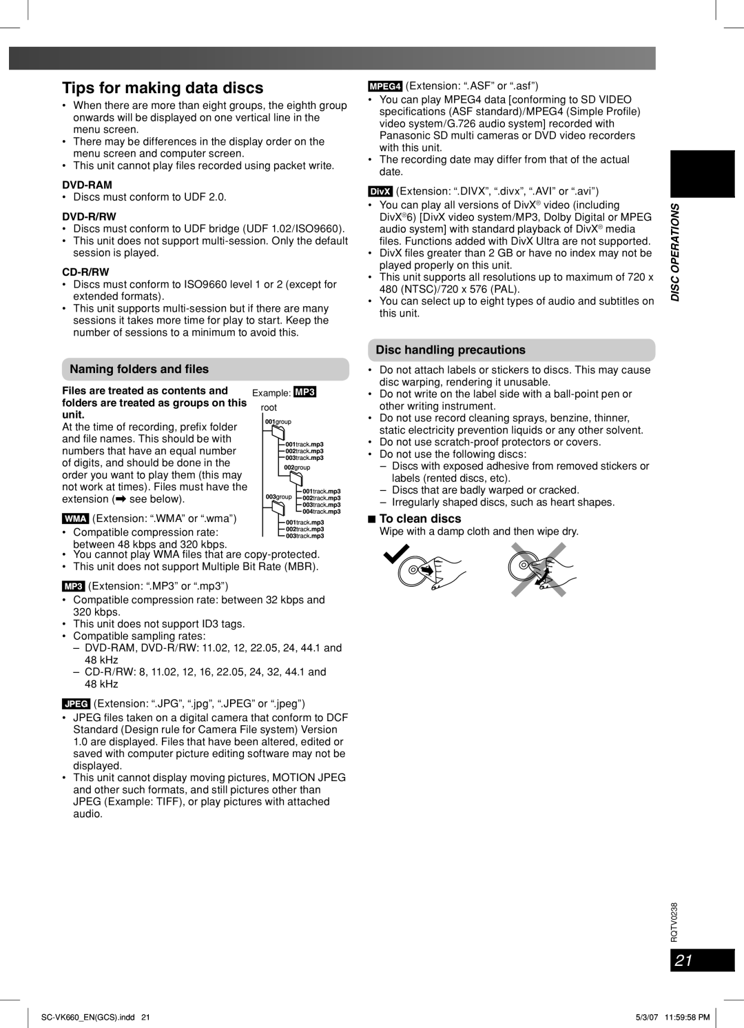 Panasonic SC-VK660 Tips for making data discs, Naming folders and ﬁles, Disc handling precautions, To clean discs 