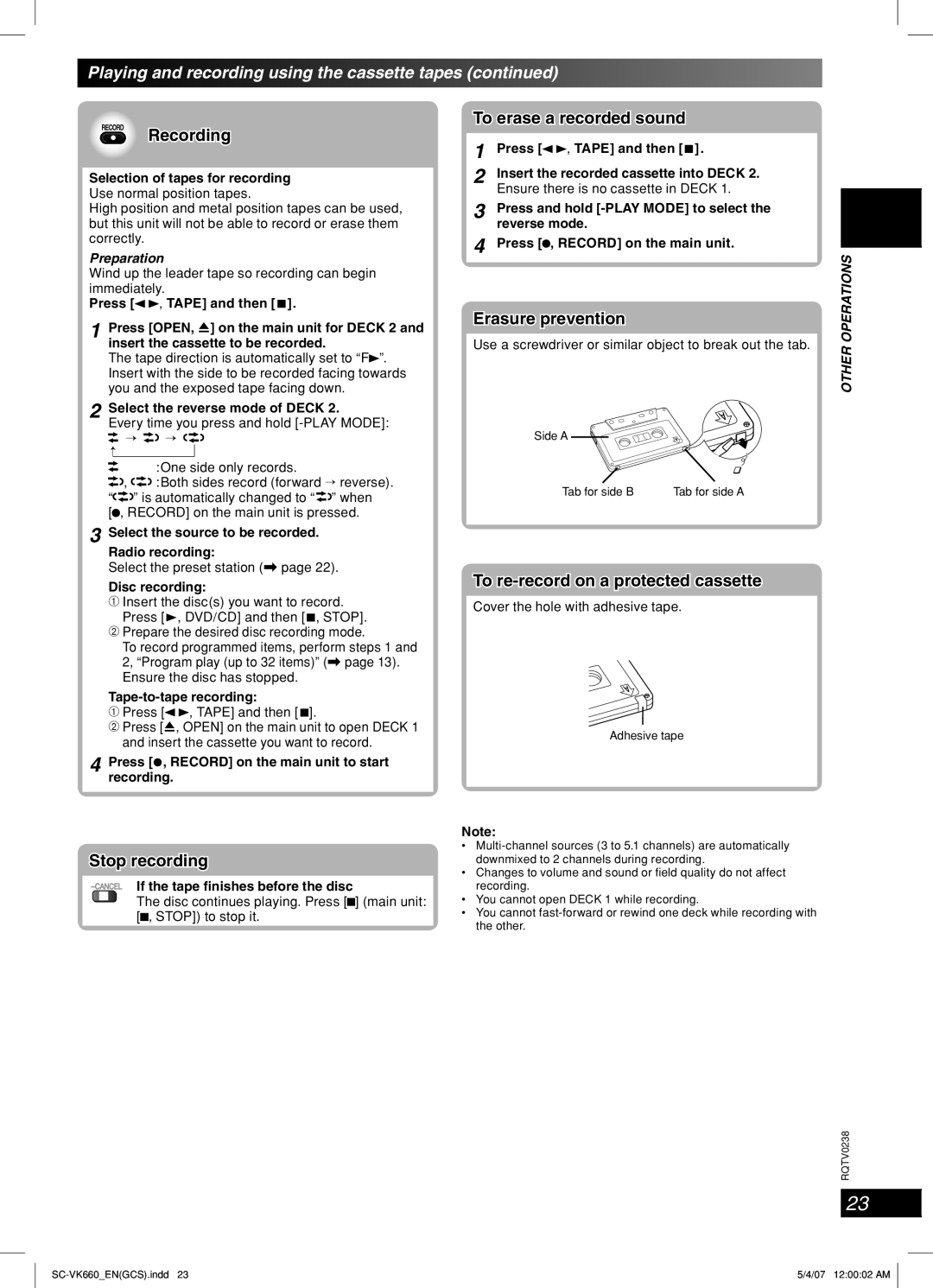 Panasonic SC-VK660 Playing and recording using the cassette tapes, Recording, Stop recording, Erasure prevention 