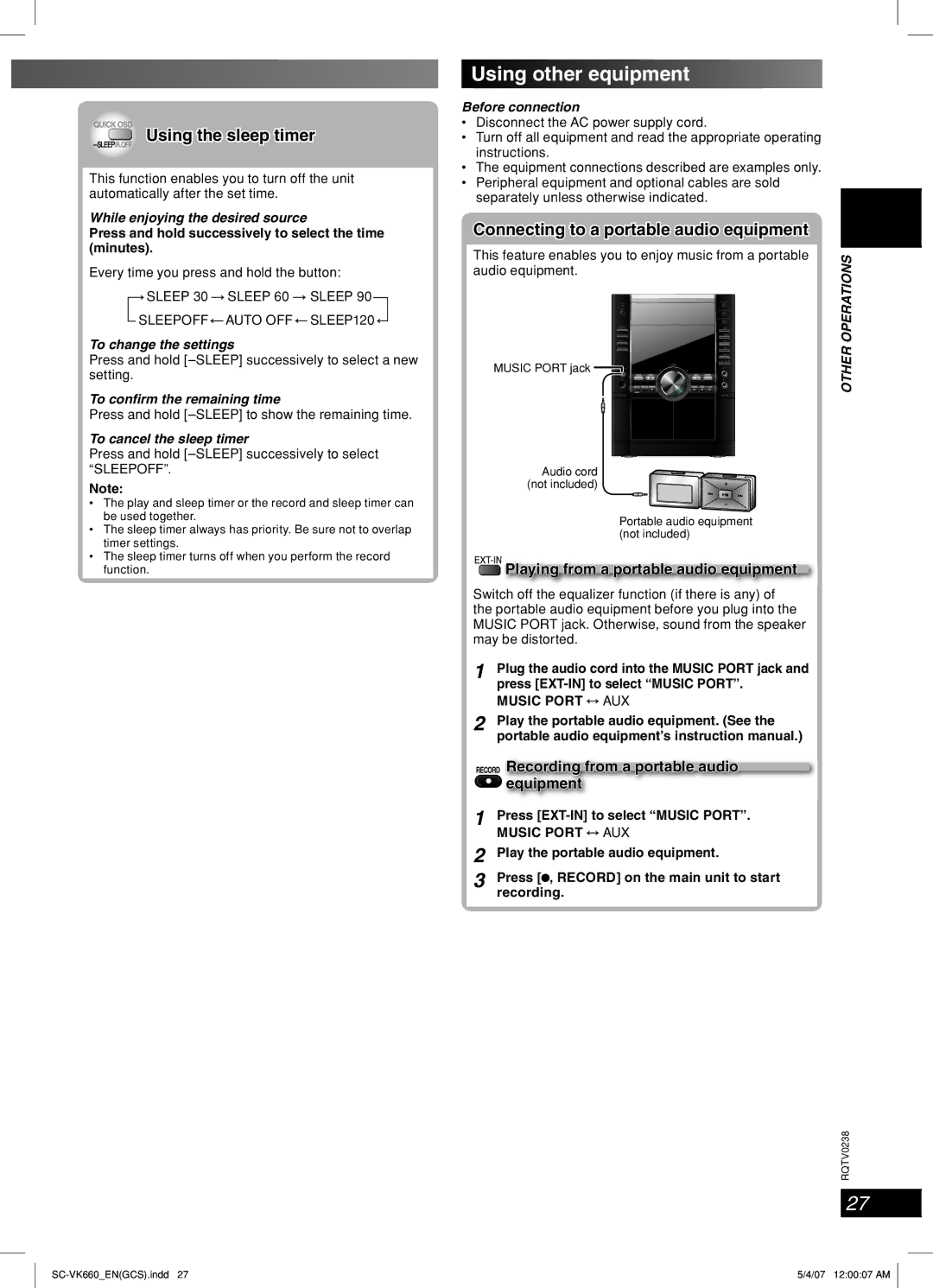 Panasonic SC-VK660 Using other equipment, Using the sleep timer, Connecting to a portable audio equipment 