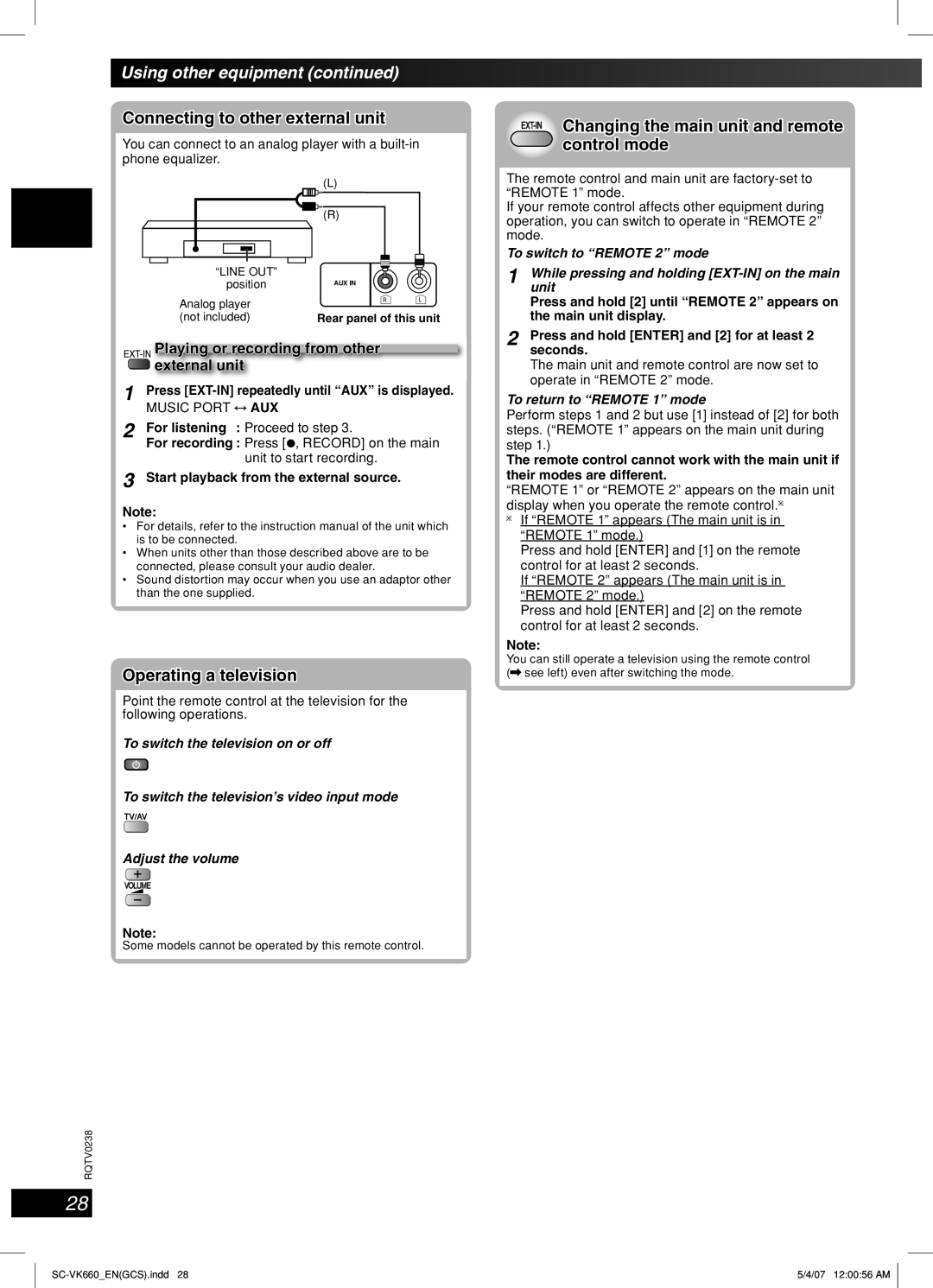 Panasonic SC-VK660 operating instructions Using other equipment, Connecting to other external unit, Operating a television 