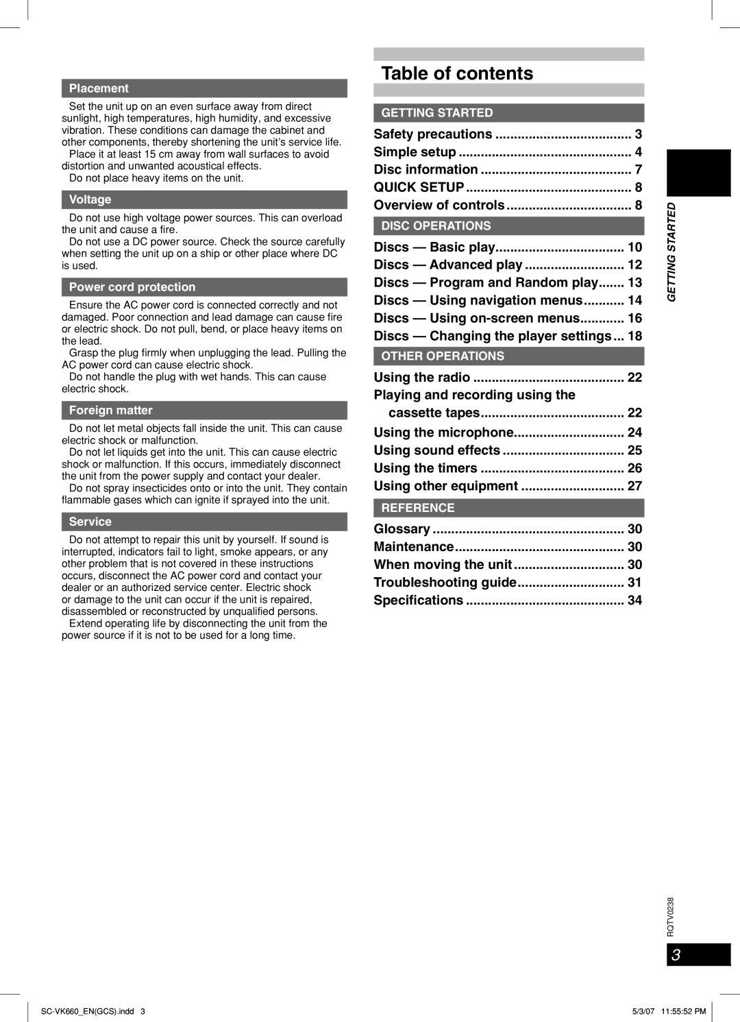 Panasonic SC-VK660 operating instructions Table of contents 