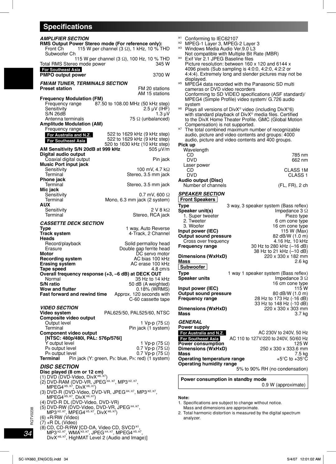 Panasonic SC-VK660 operating instructions Speciﬁcations 