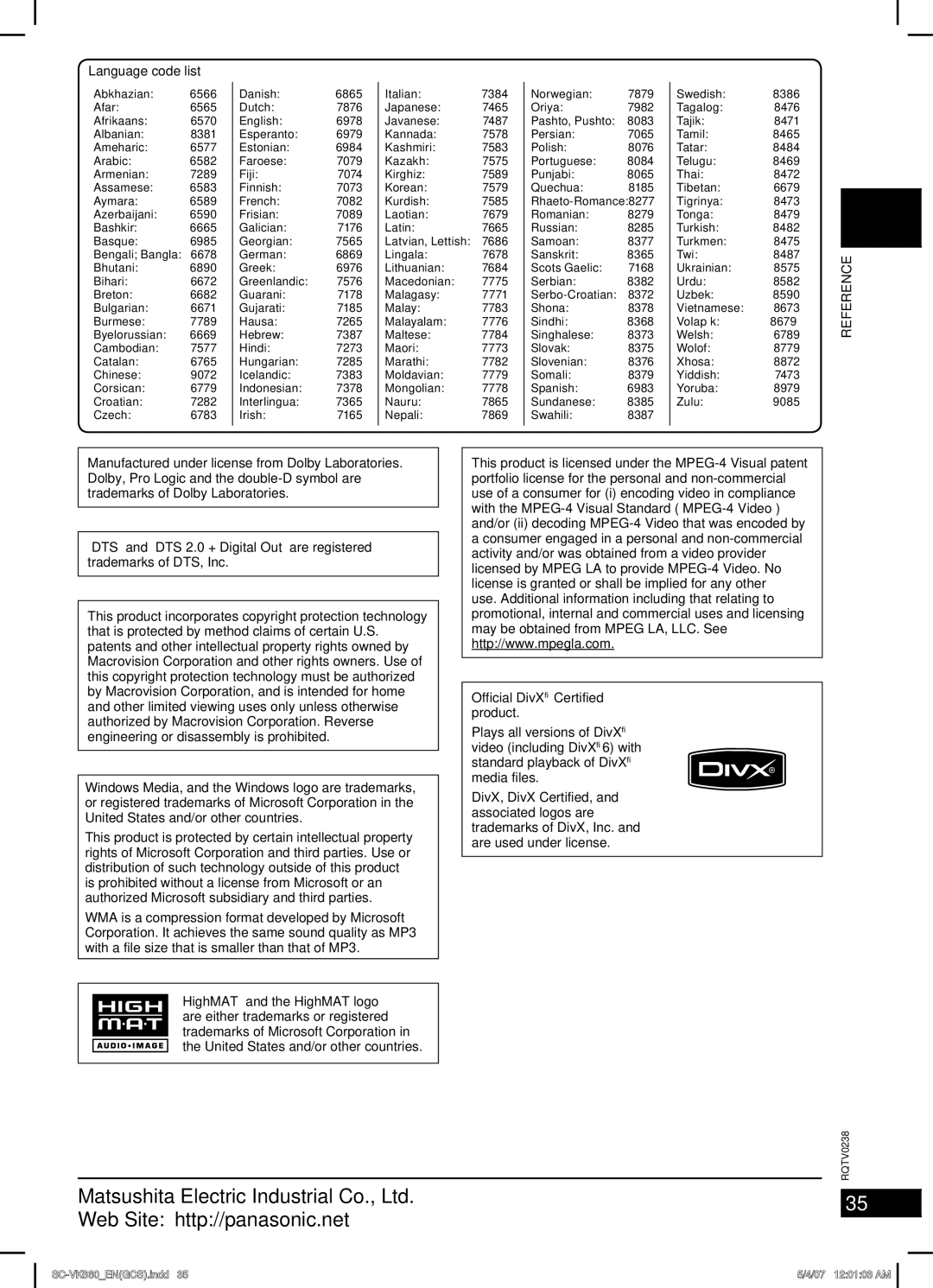 Panasonic SC-VK660 operating instructions Language code list 