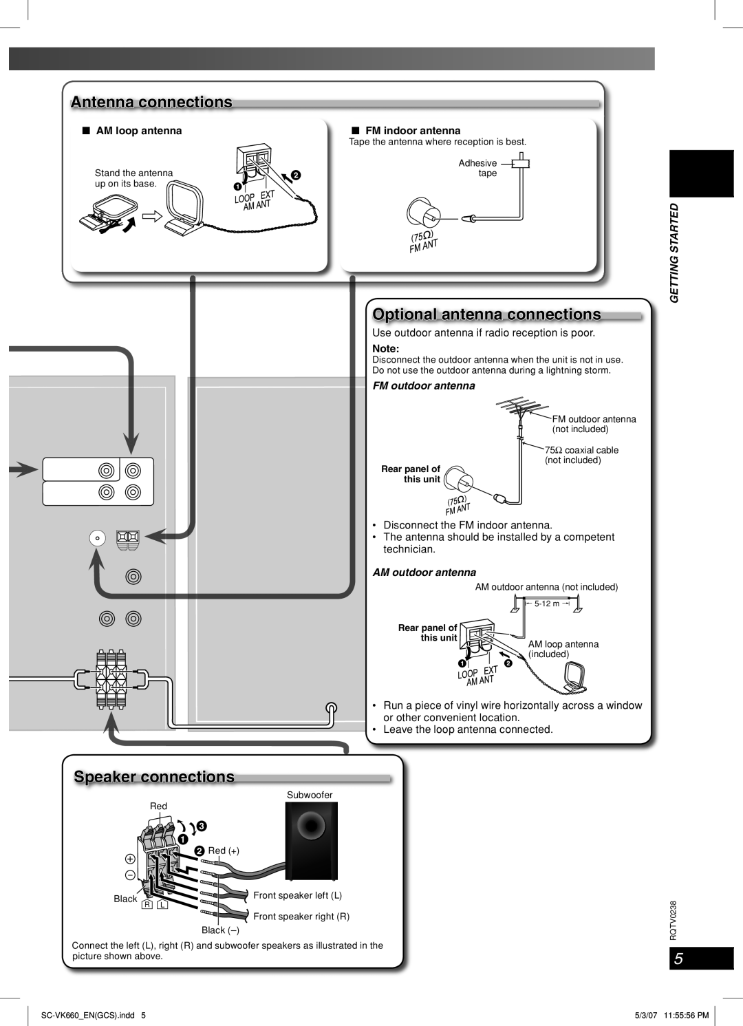 Panasonic SC-VK660 Antenna connections, Optional antenna connections, Speaker connections, FM outdoor antenna 