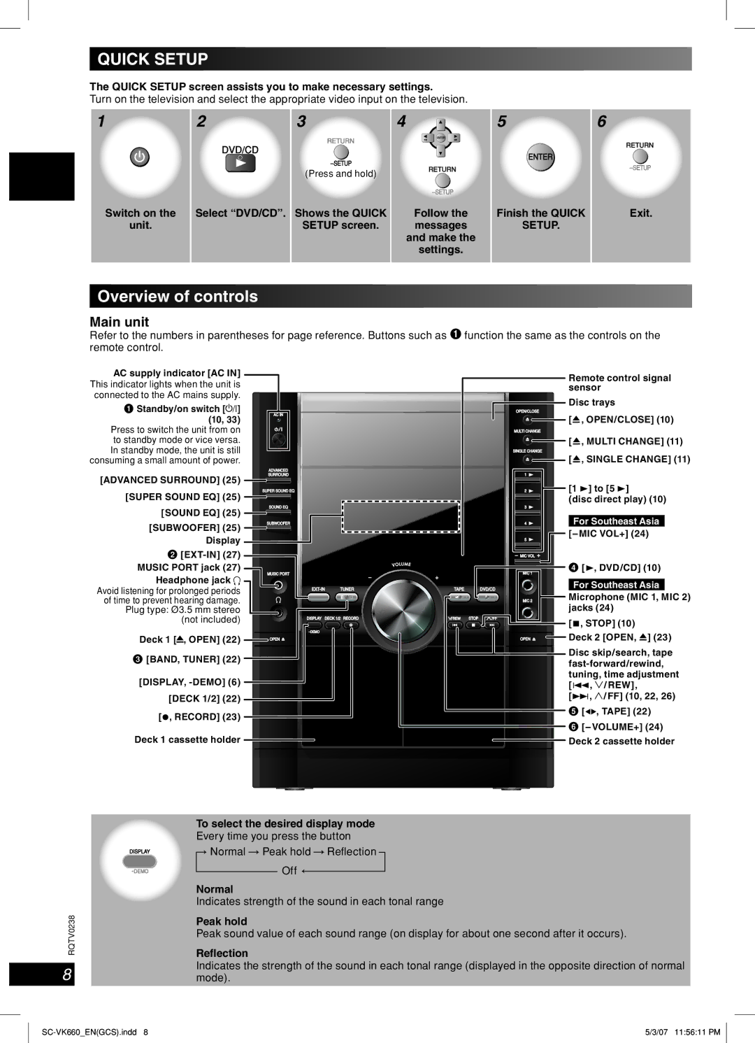 Panasonic SC-VK660 operating instructions Overview of controls, Main unit, Setup 