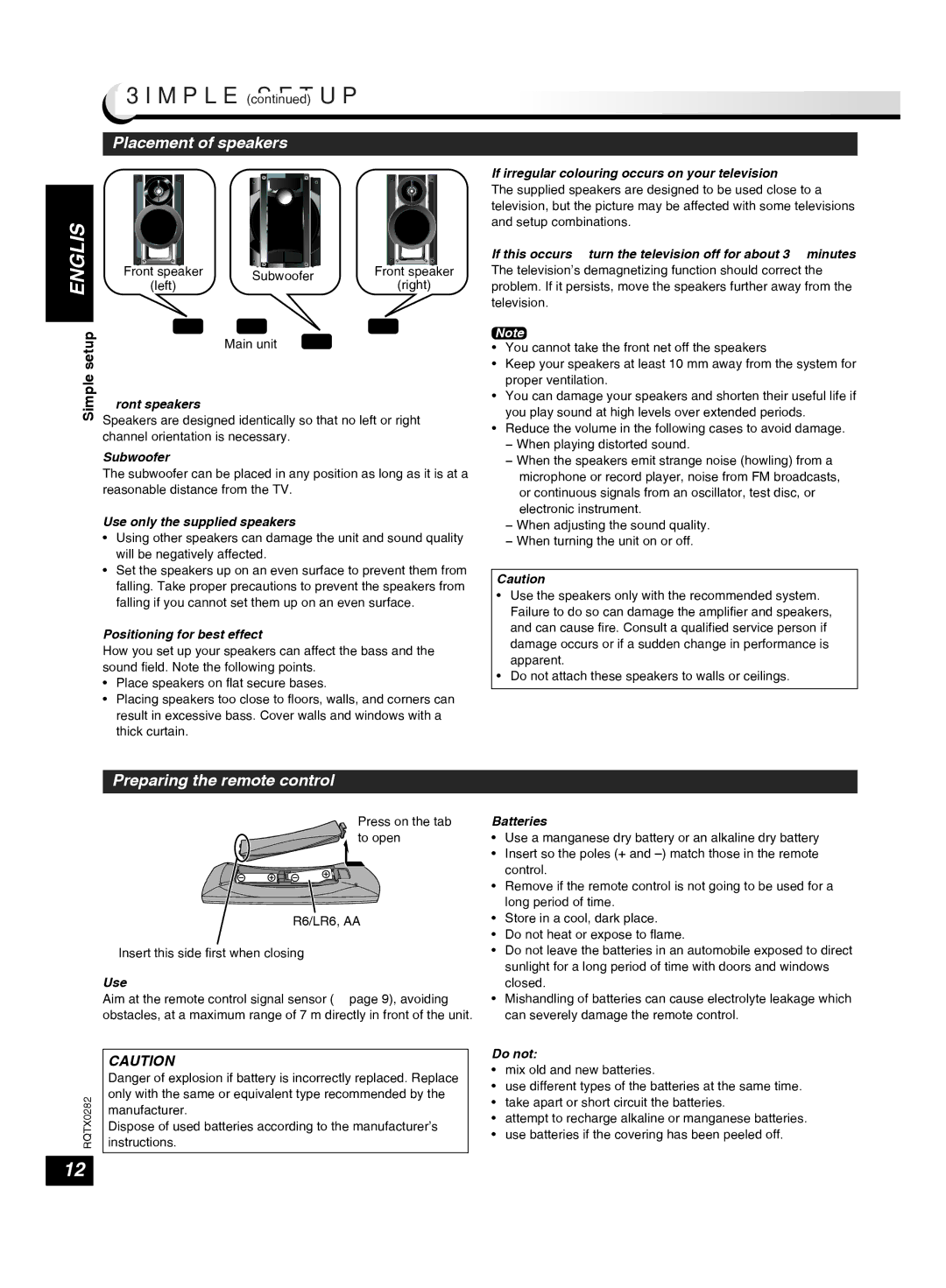 Panasonic SC-VK680 manual Simple setup, Placement of speakers, Preparing the remote control, Setup 