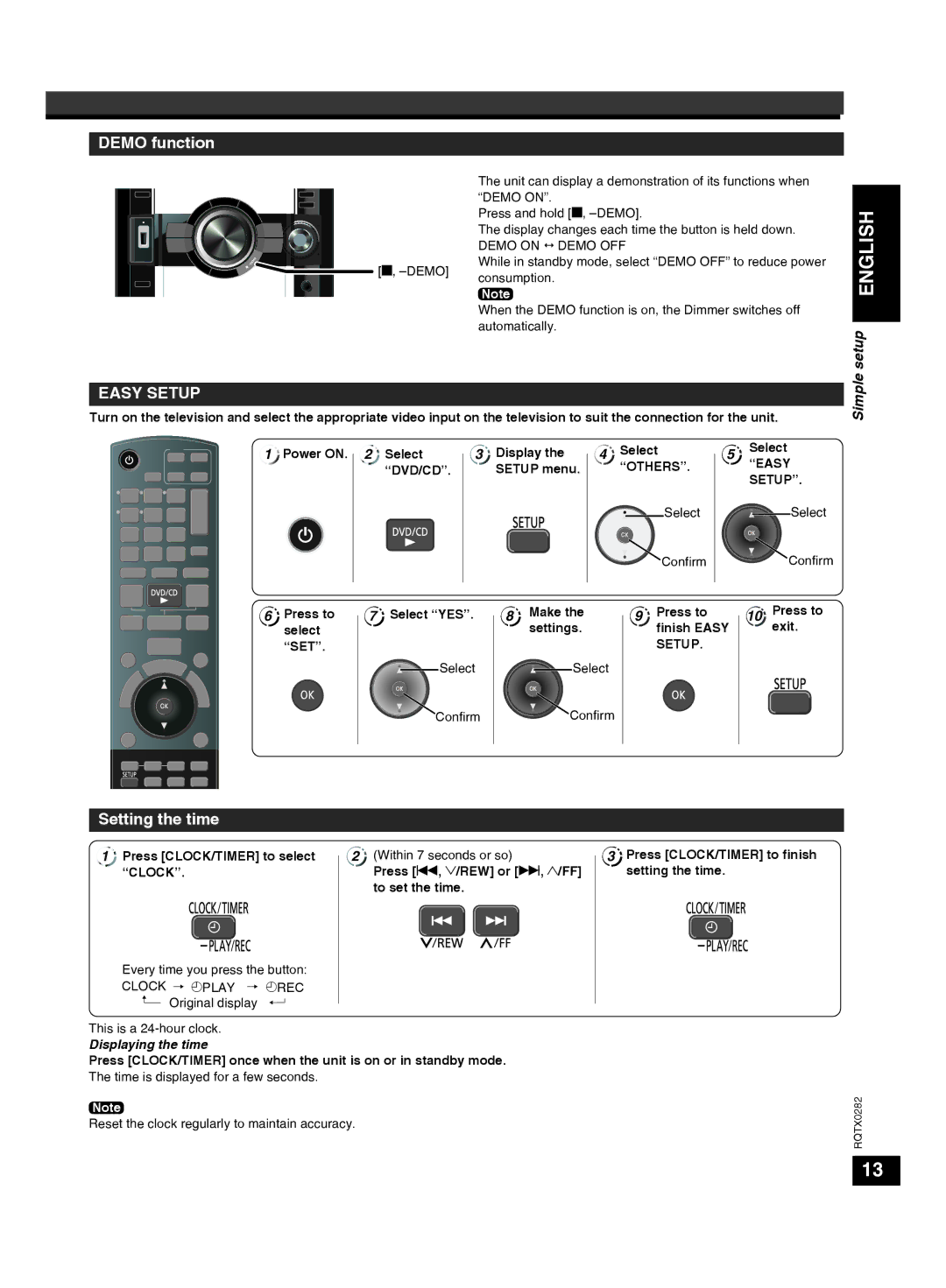 Panasonic SC-VK680 manual Demo function, Setting the time, Displaying the time 