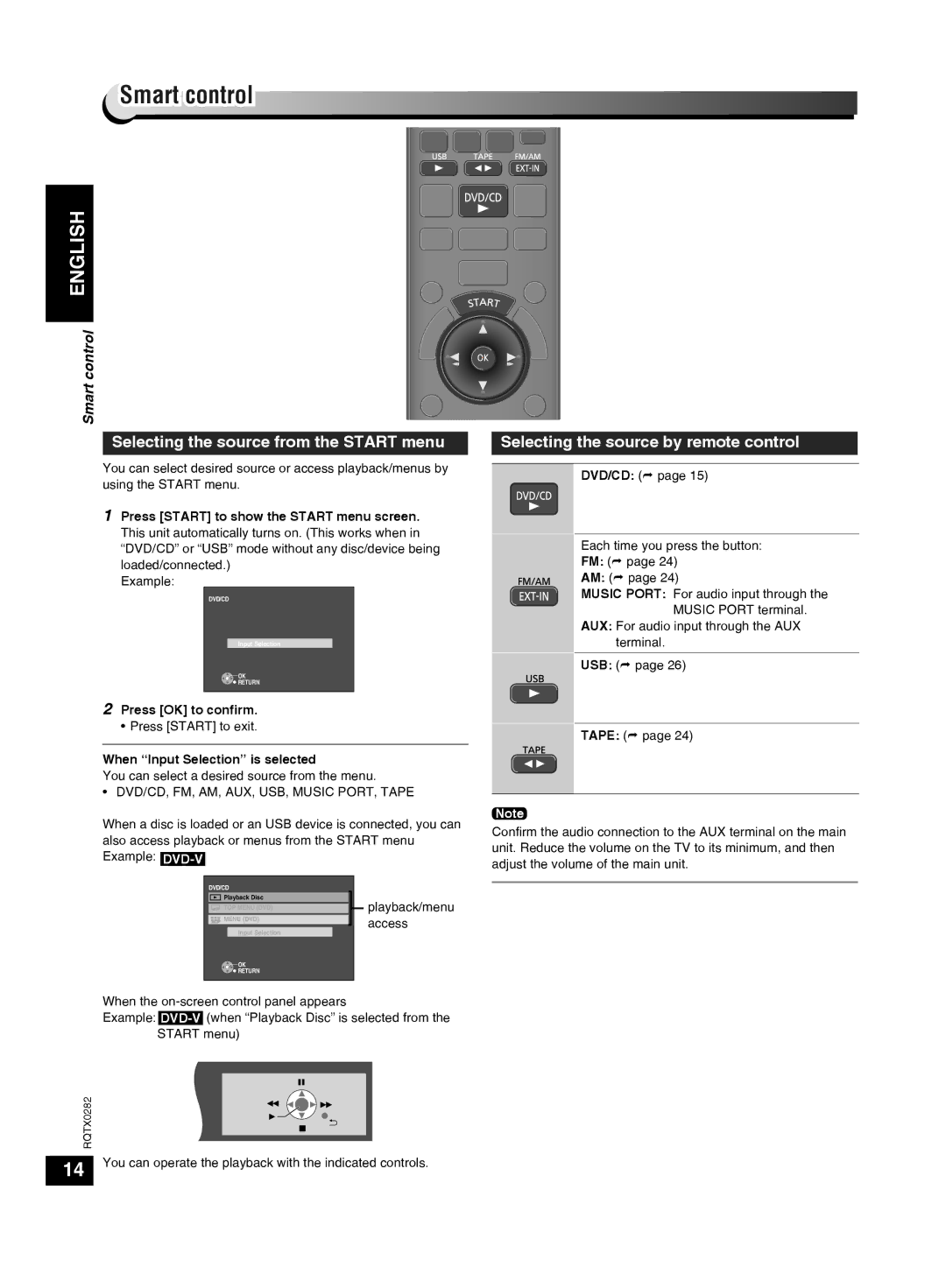 Panasonic SC-VK680 manual Smart control, Selecting the source from the Start menu, Selecting the source by remote control 