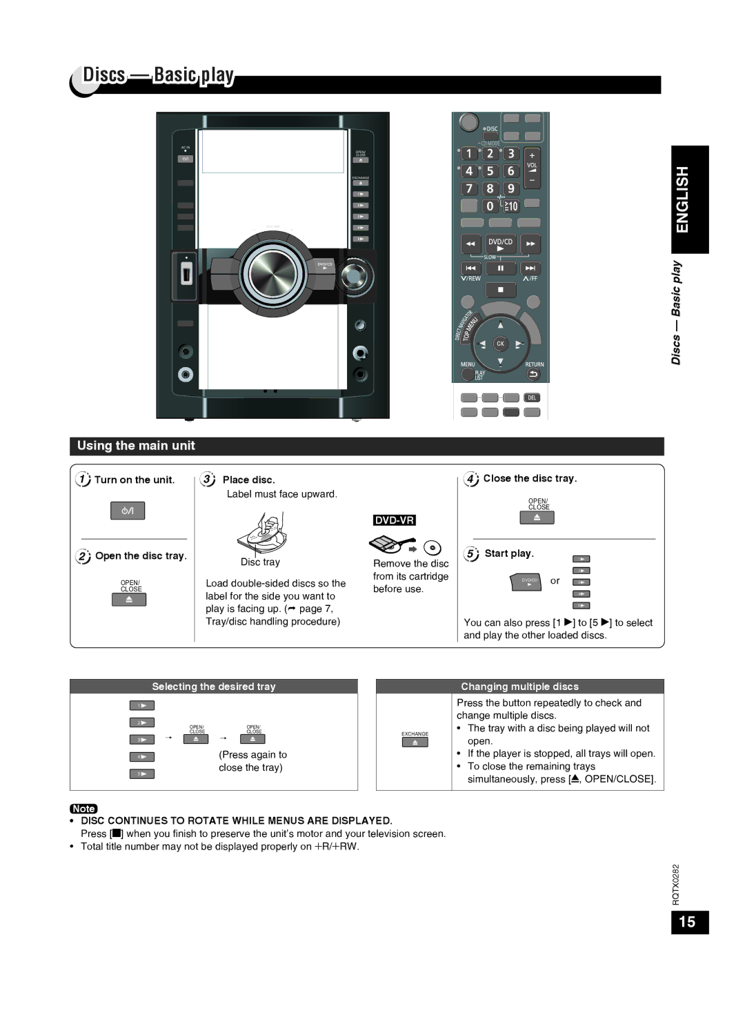 Panasonic SC-VK680 manual Using the main unit, Discs Basic play English, Dvd-Vr 