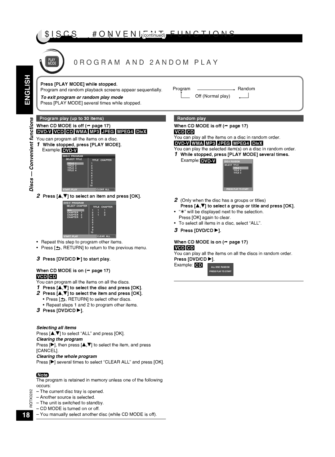 Panasonic SC-VK680 manual Discs Convenient functions, Program and Random play 