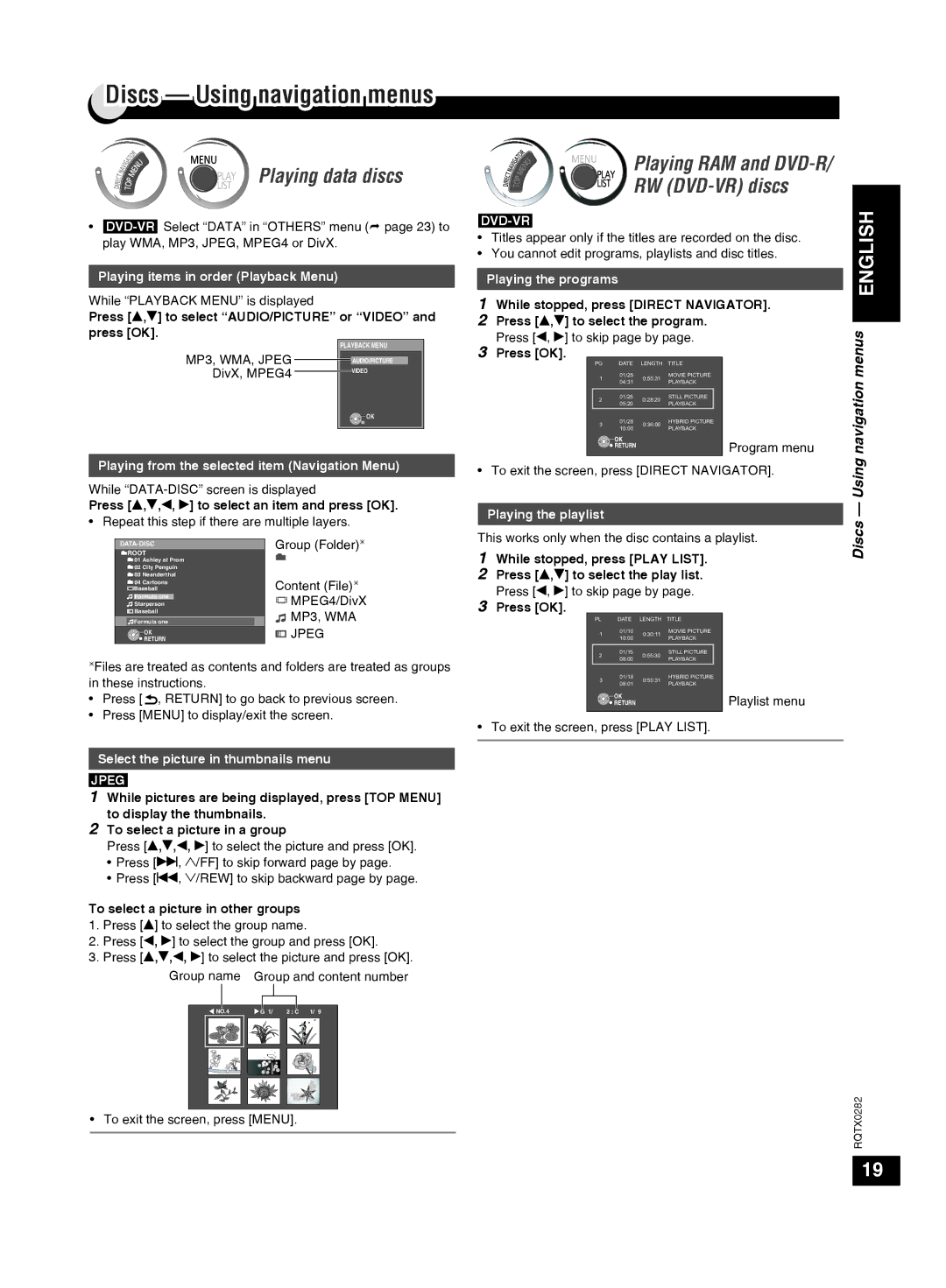 Panasonic SC-VK680 manual Discs Using navigation menus, Playing data discs, Playing RAM and DVD-R RW DVD-VR discs 