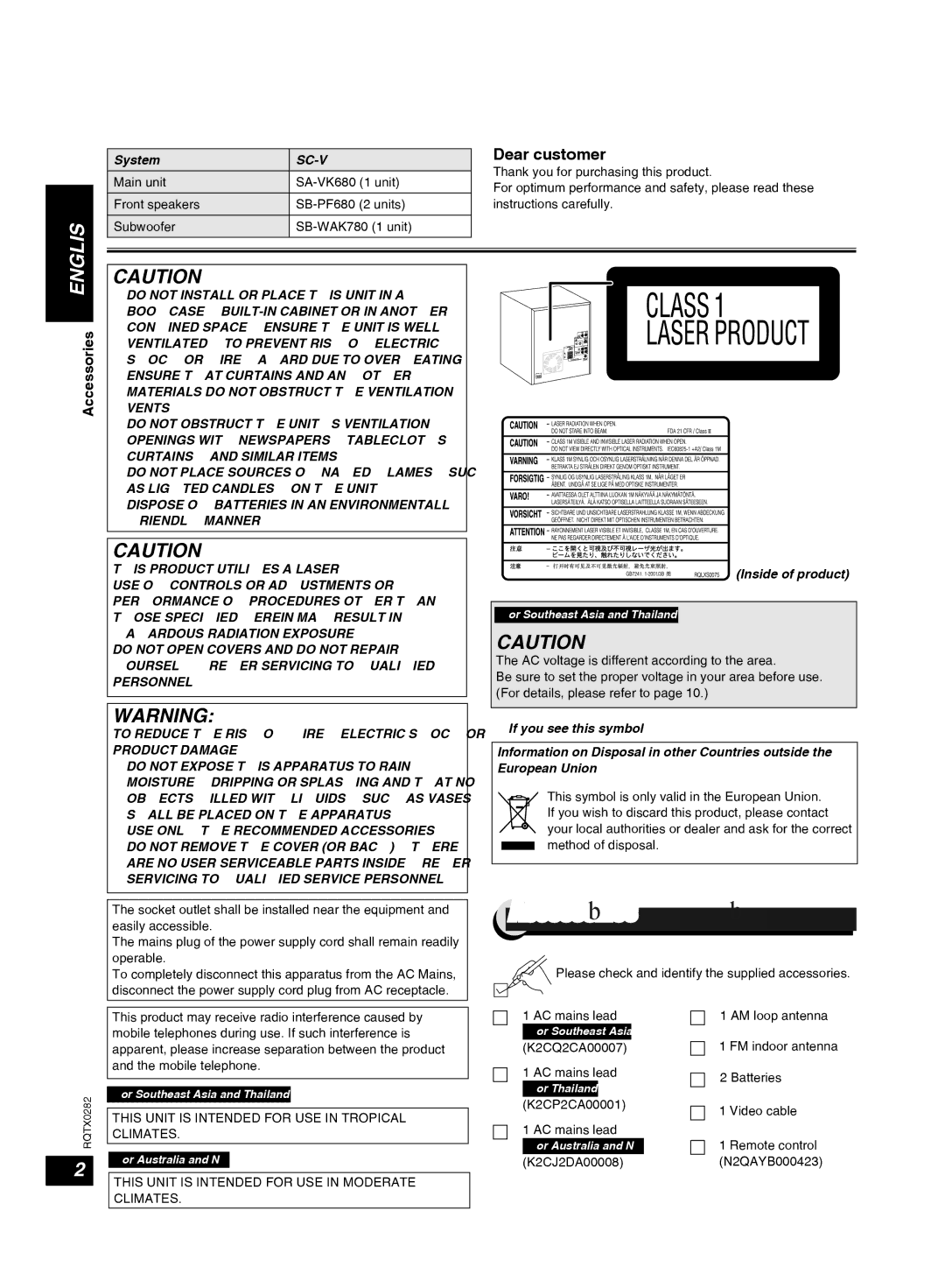 Panasonic manual Accessories, System SC-VK680, Inside of product, This Unit is Intended for USE in Tropical Climates 