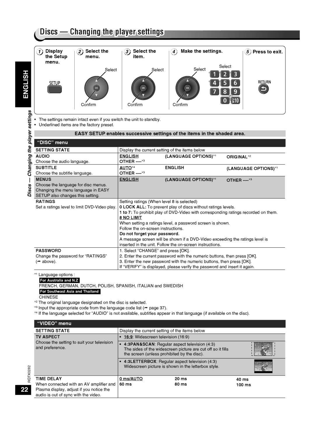 Panasonic SC-VK680 manual Discs Changing the player settings, Disc menu, Video menu 