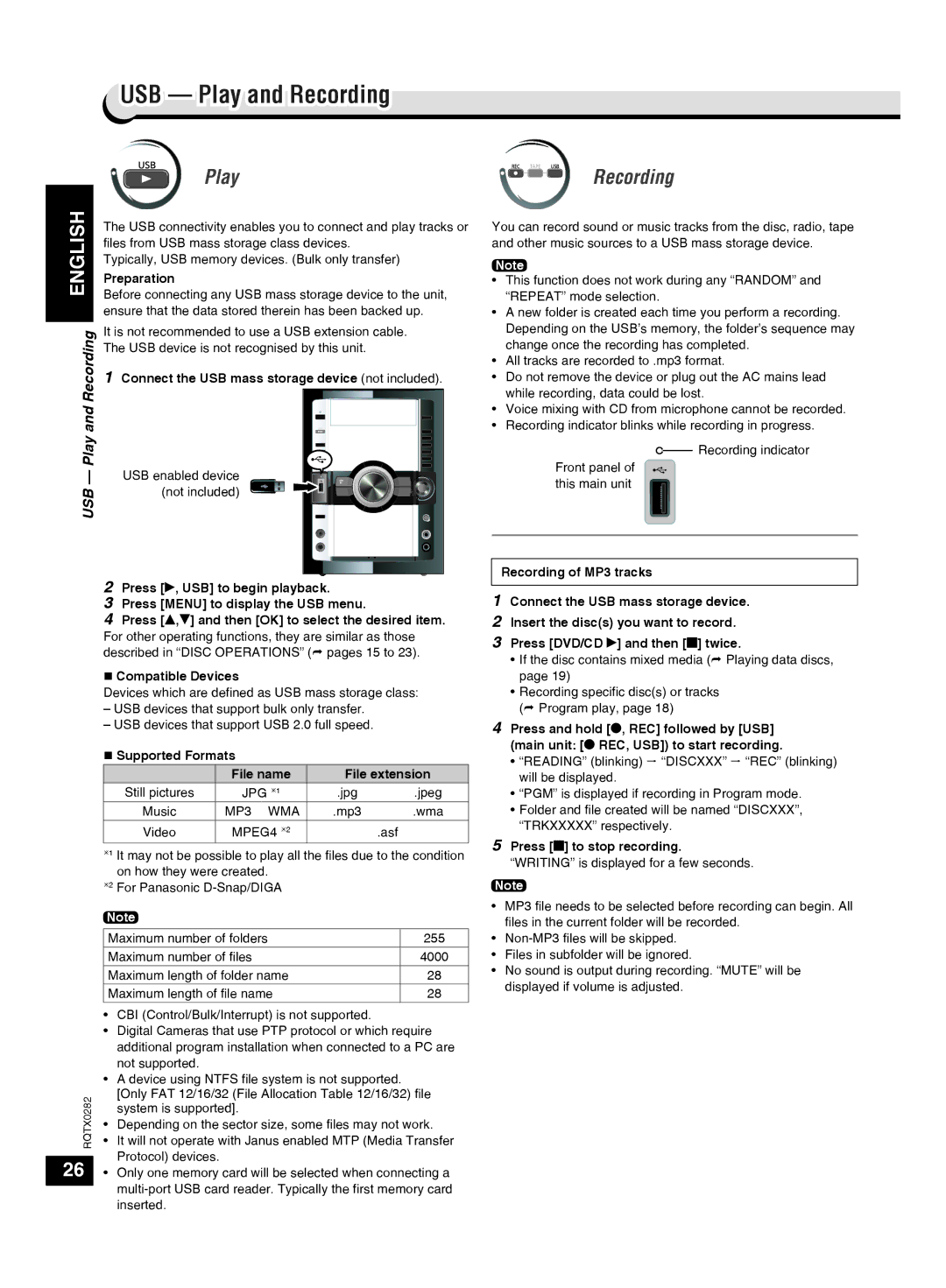 Panasonic SC-VK680 manual USB Play and Recording 