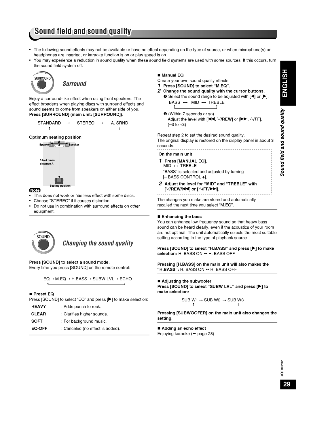 Panasonic SC-VK680 manual Sound field and sound quality, Surround, Changing the sound quality, Quality English 