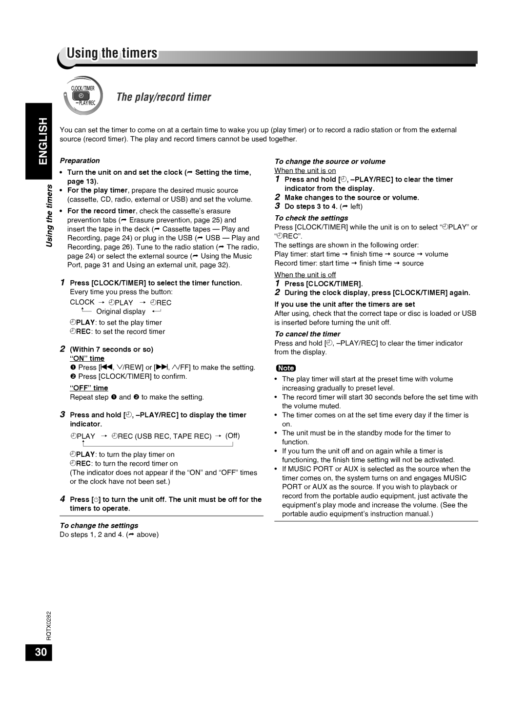 Panasonic SC-VK680 manual Using the timers, Play/record timer, To change the settings, To change the source or volume 