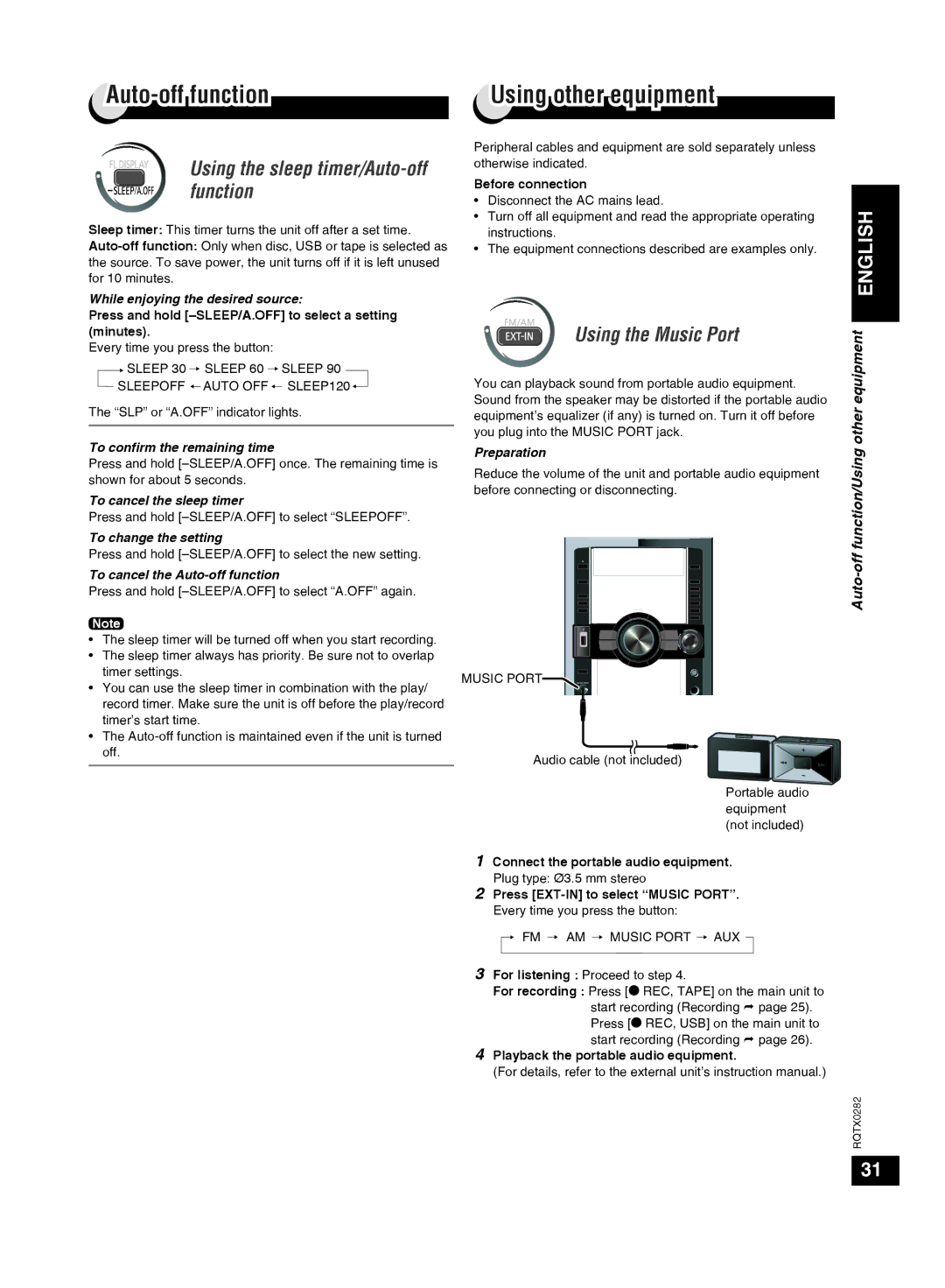 Panasonic SC-VK680 manual Using other equipment, Using the sleep timer/Auto-off function, Using the Music Port 