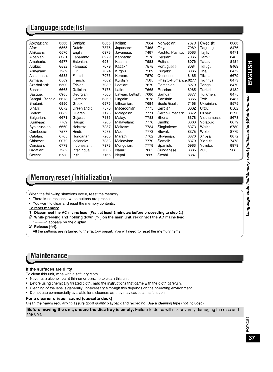 Panasonic SC-VK680 manual Memory reset Initialization, Language code list, Reset Initialization/Maintenance English 