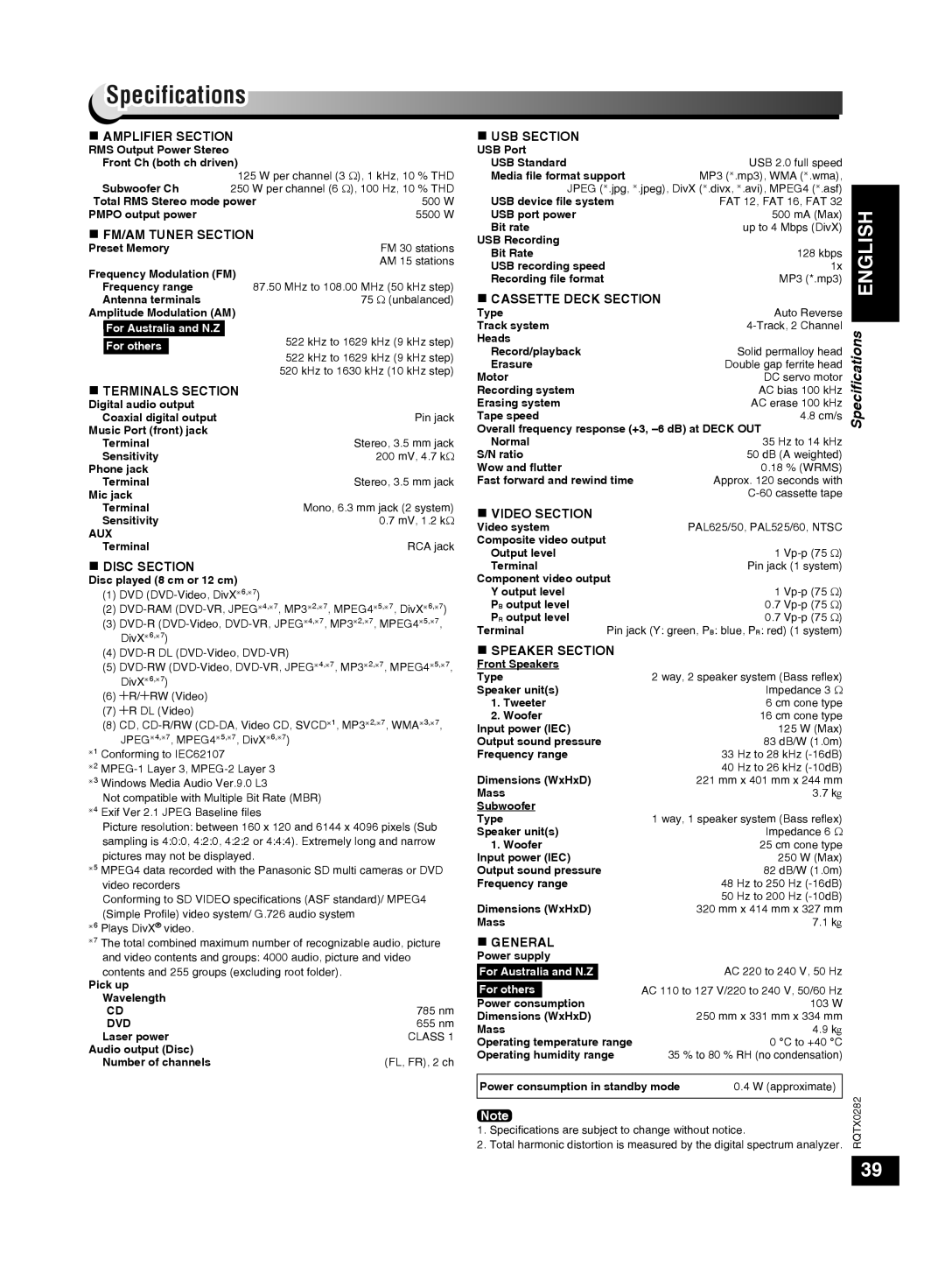 Panasonic SC-VK680 manual Specifications 