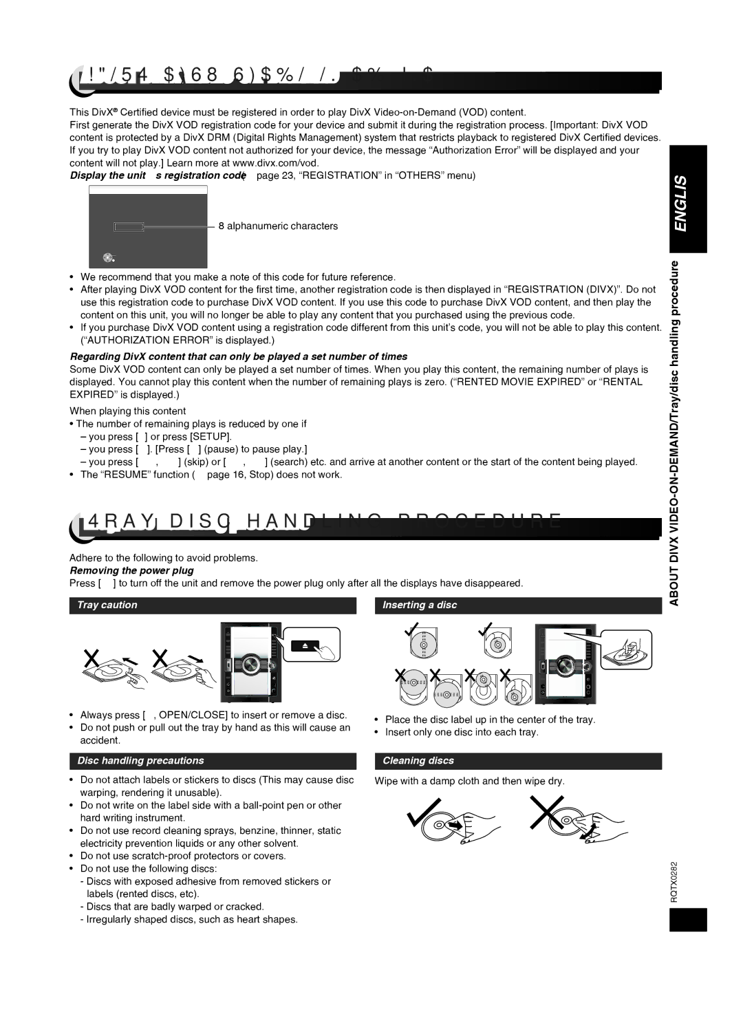 Panasonic SC-VK680 manual Tray/disc handling procedure, Removing the power plug, Tray caution, Disc handling precautions 