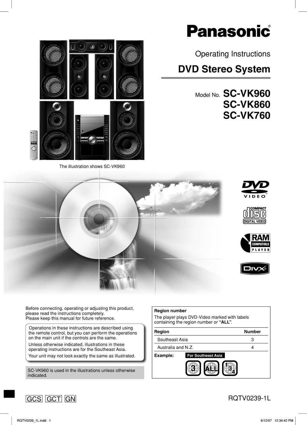 Panasonic SC-VK860, SC-VK760, SC-VK960 manual Region number, Southeast Asia Australia and N.Z, Example 