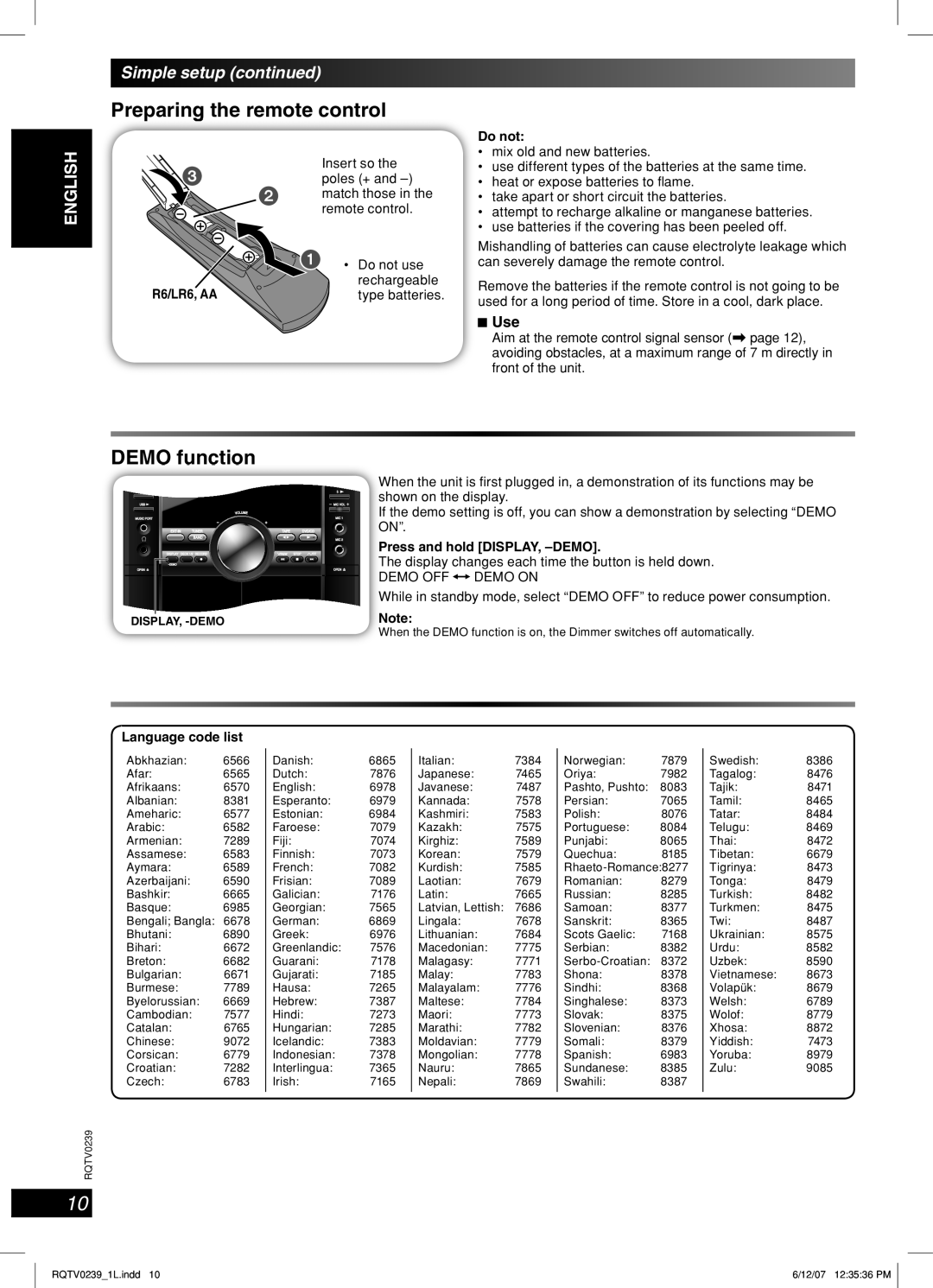 Panasonic SC-VK860, SC-VK760, SC-VK960 manual Preparing the remote control, Demo function, Use, Do not, Language code list 