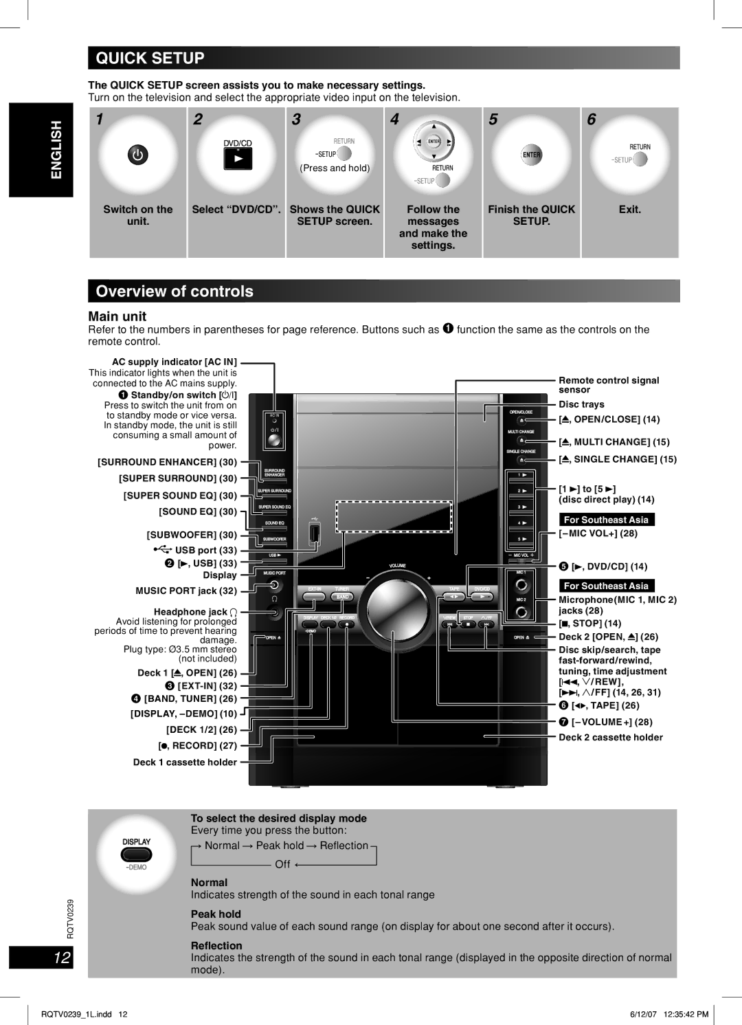 Panasonic SC-VK760, SC-VK860, SC-VK960 manual Overview of controls, Main unit, Setup 