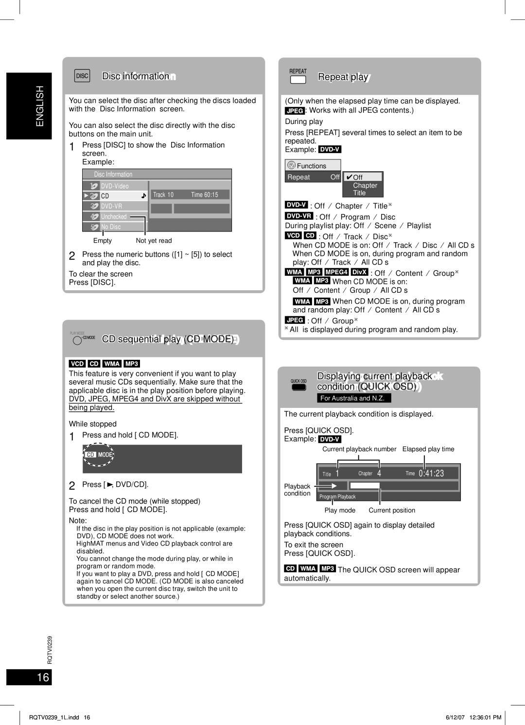 Panasonic SC-VK860, SC-VK760, SC-VK960 manual Discs Advanced play, Disc information, CD sequential play CD Mode, Repeat play 