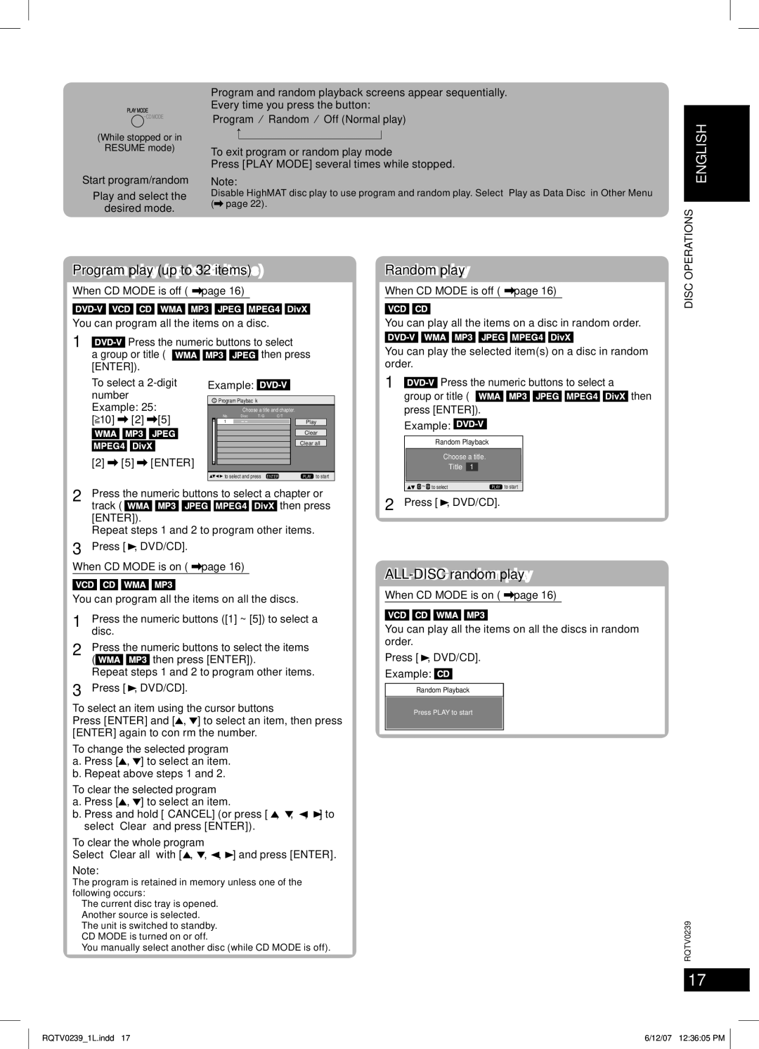 Panasonic SC-VK960, SC-VK760, SC-VK860 Discs Program and Random play, Program play up to 32 items, ALL-DISC random play 