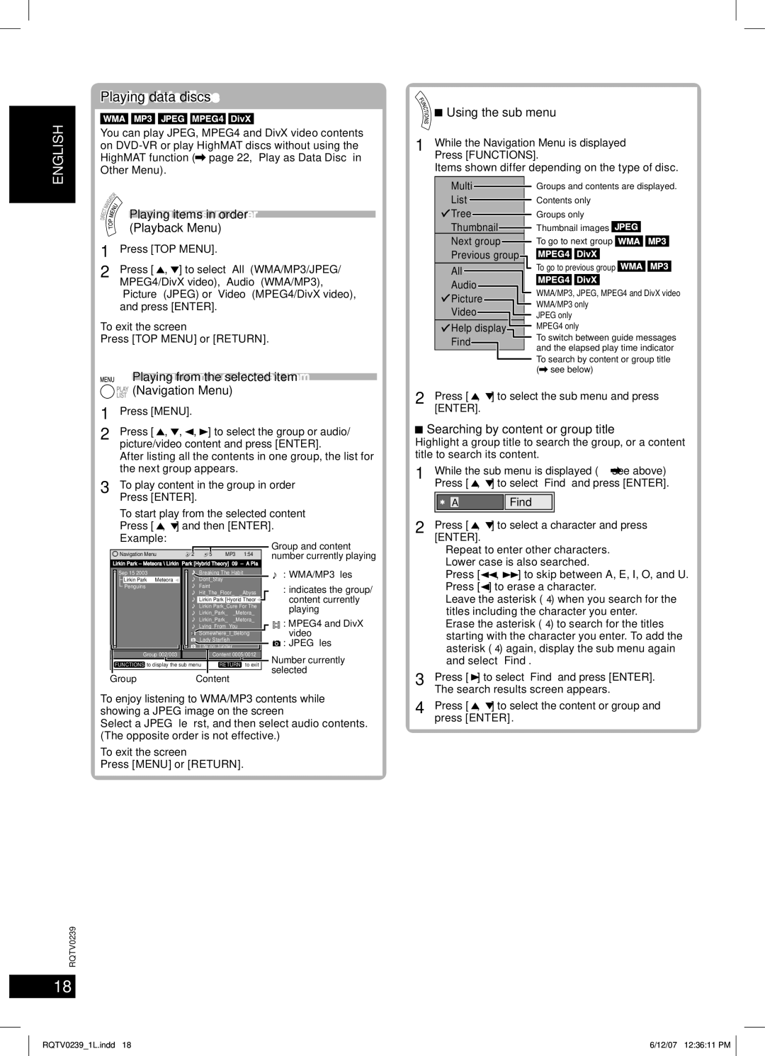 Panasonic SC-VK760, SC-VK860, SC-VK960 manual Discs Using navigation menus, Playing data discs 