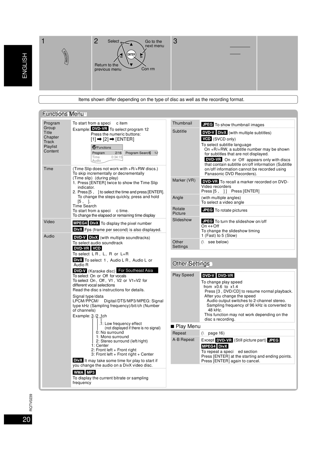 Panasonic SC-VK960, SC-VK760, SC-VK860 manual Discs Using on-screen menus, Functions Menu, Other Settings, Play Menu 