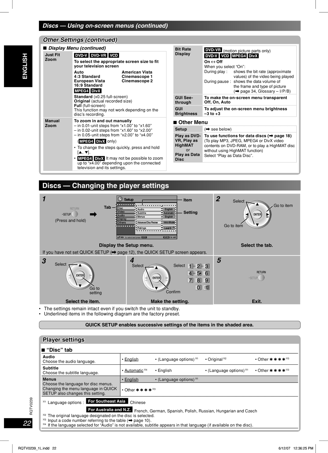 Panasonic SC-VK860 Discs Changing the player settings, Discs Using on-screen menus, Player settings, Other Menu, Disc tab 