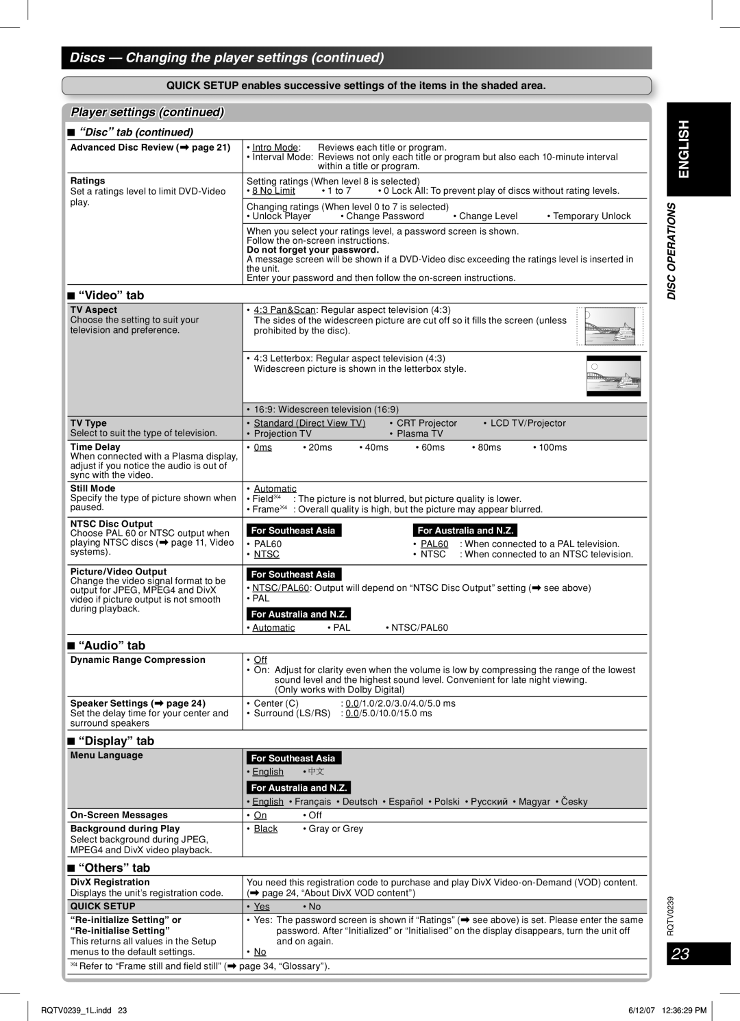 Panasonic SC-VK960, SC-VK760, SC-VK860 Discs Changing the player settings, Video tab, Audio tab, Display tab, Others tab 