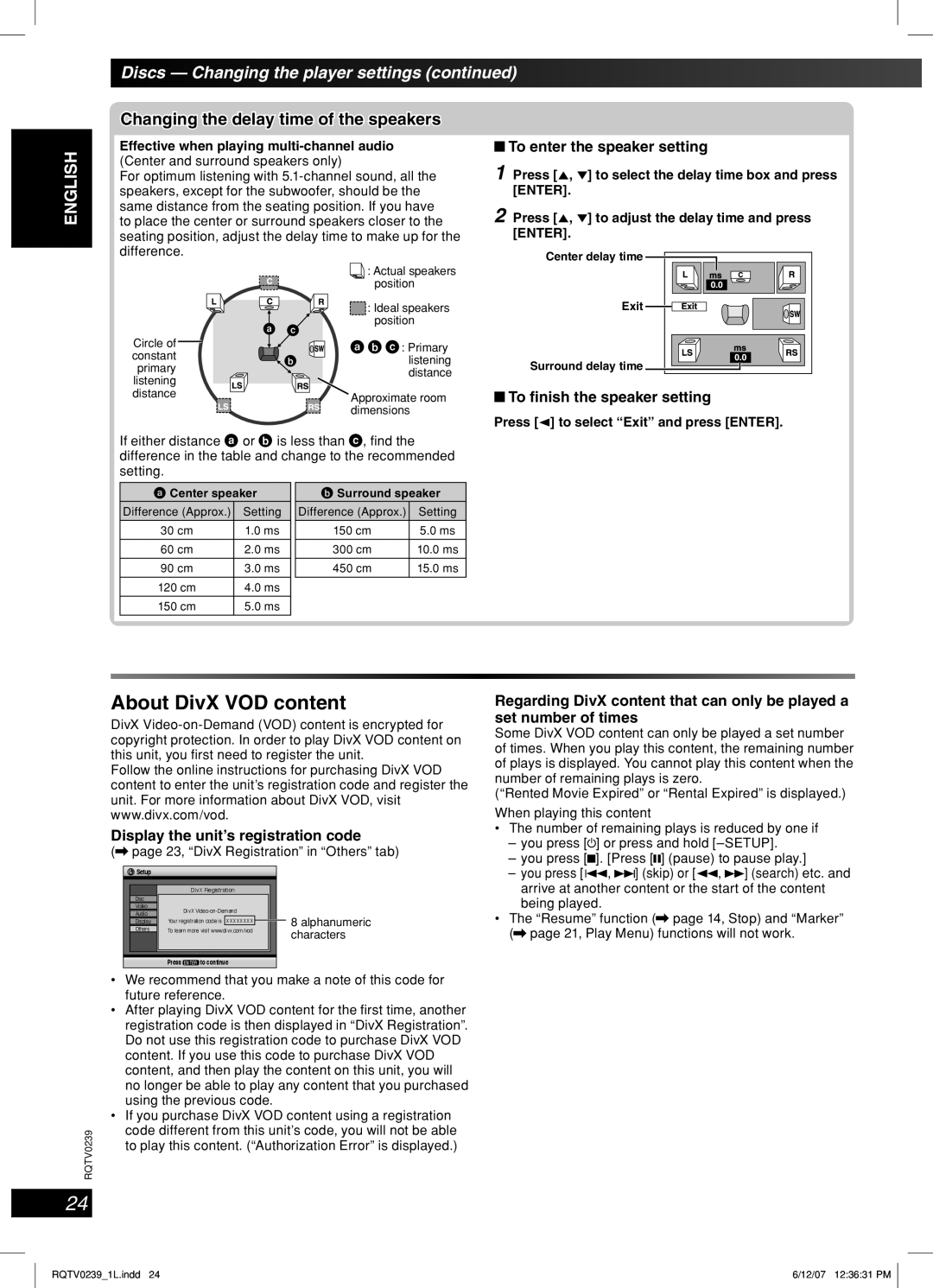 Panasonic SC-VK760, SC-VK860 About DivX VOD content, Changing the delay time of the speakers, To enter the speaker setting 