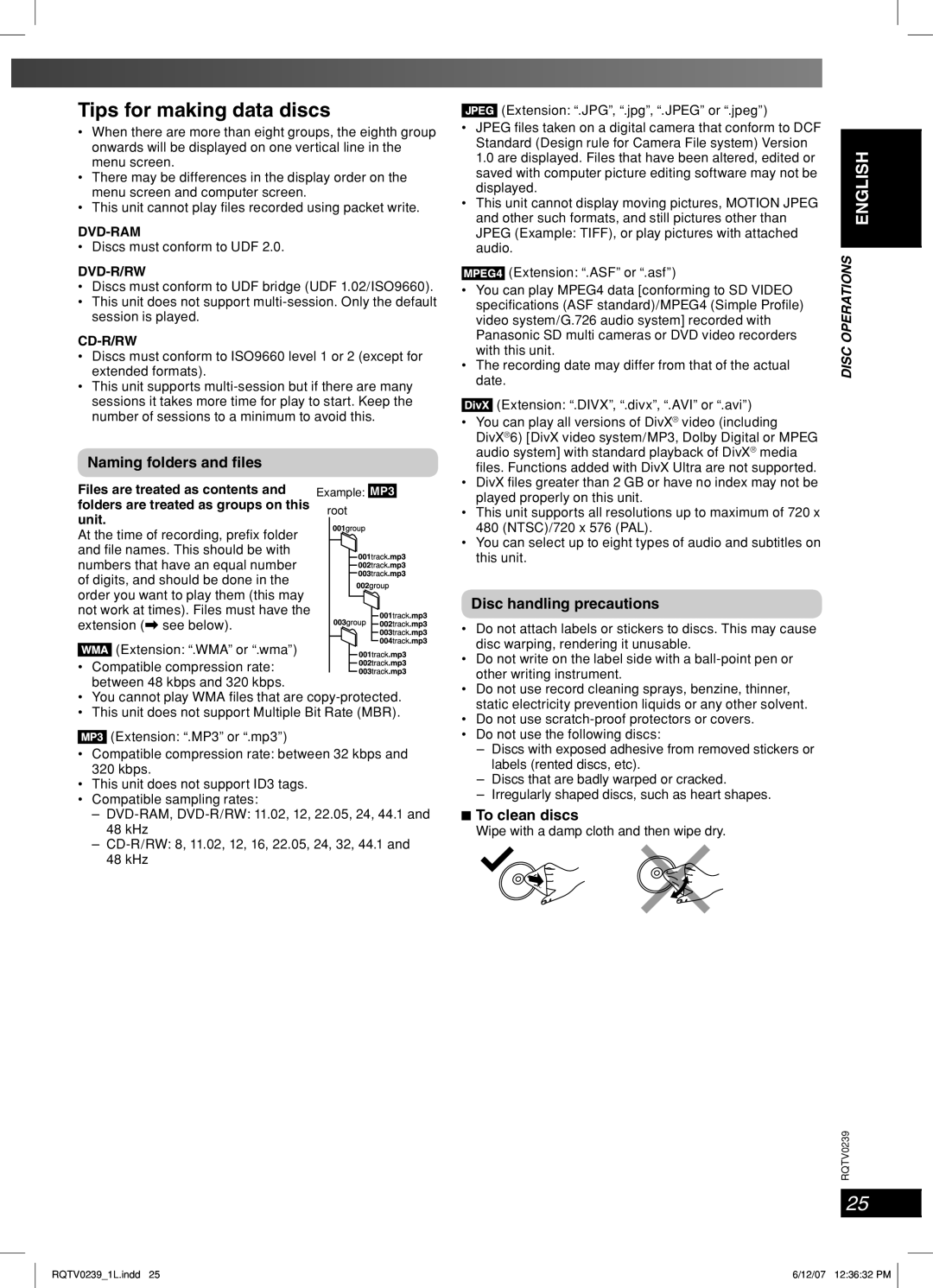 Panasonic SC-VK860 manual Tips for making data discs, Naming folders and ﬁles, Disc handling precautions, To clean discs 