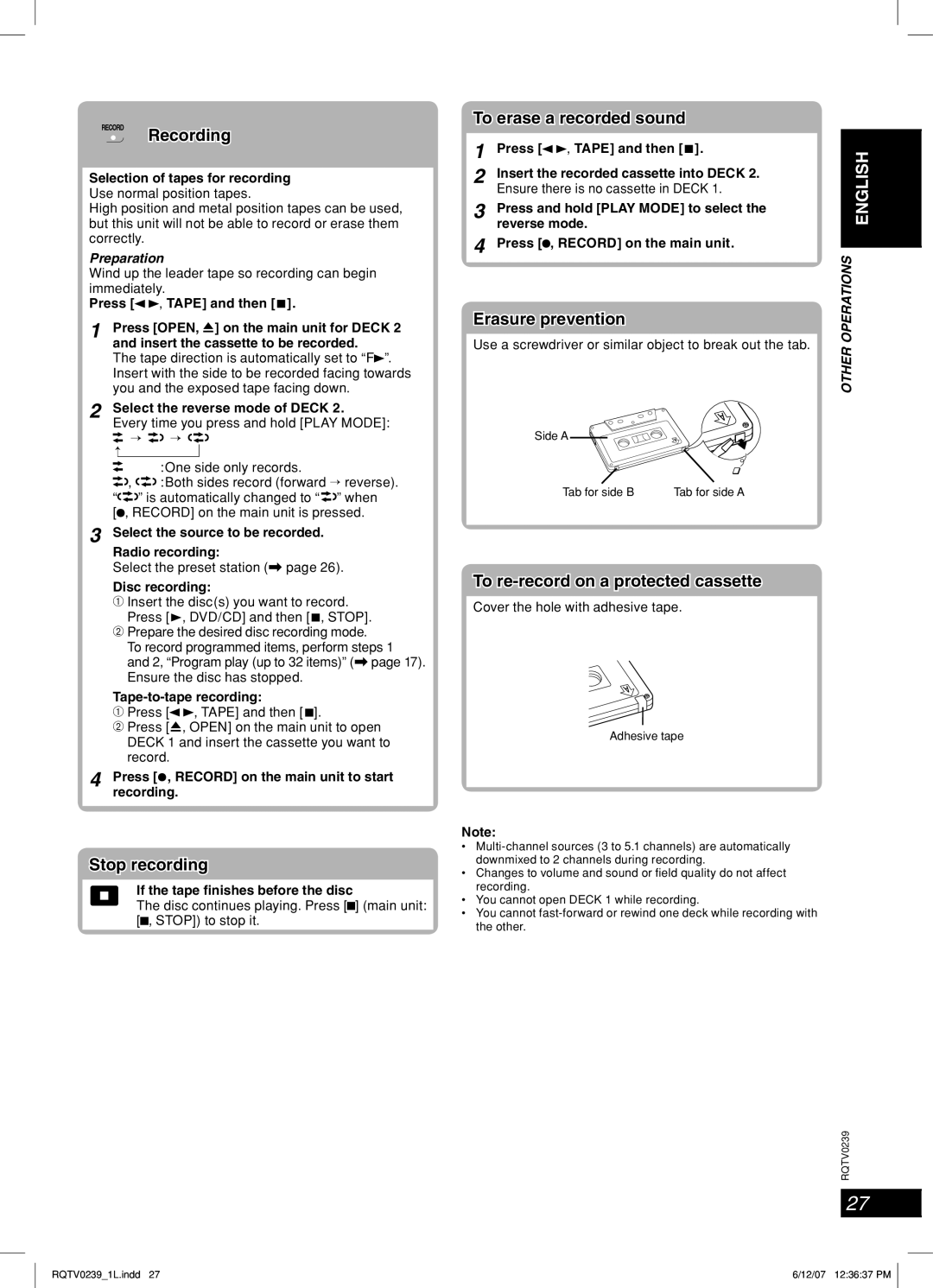 Panasonic SC-VK760, SC-VK860 Playing and recording using the cassette tapes, Recording, Stop recording, Erasure prevention 