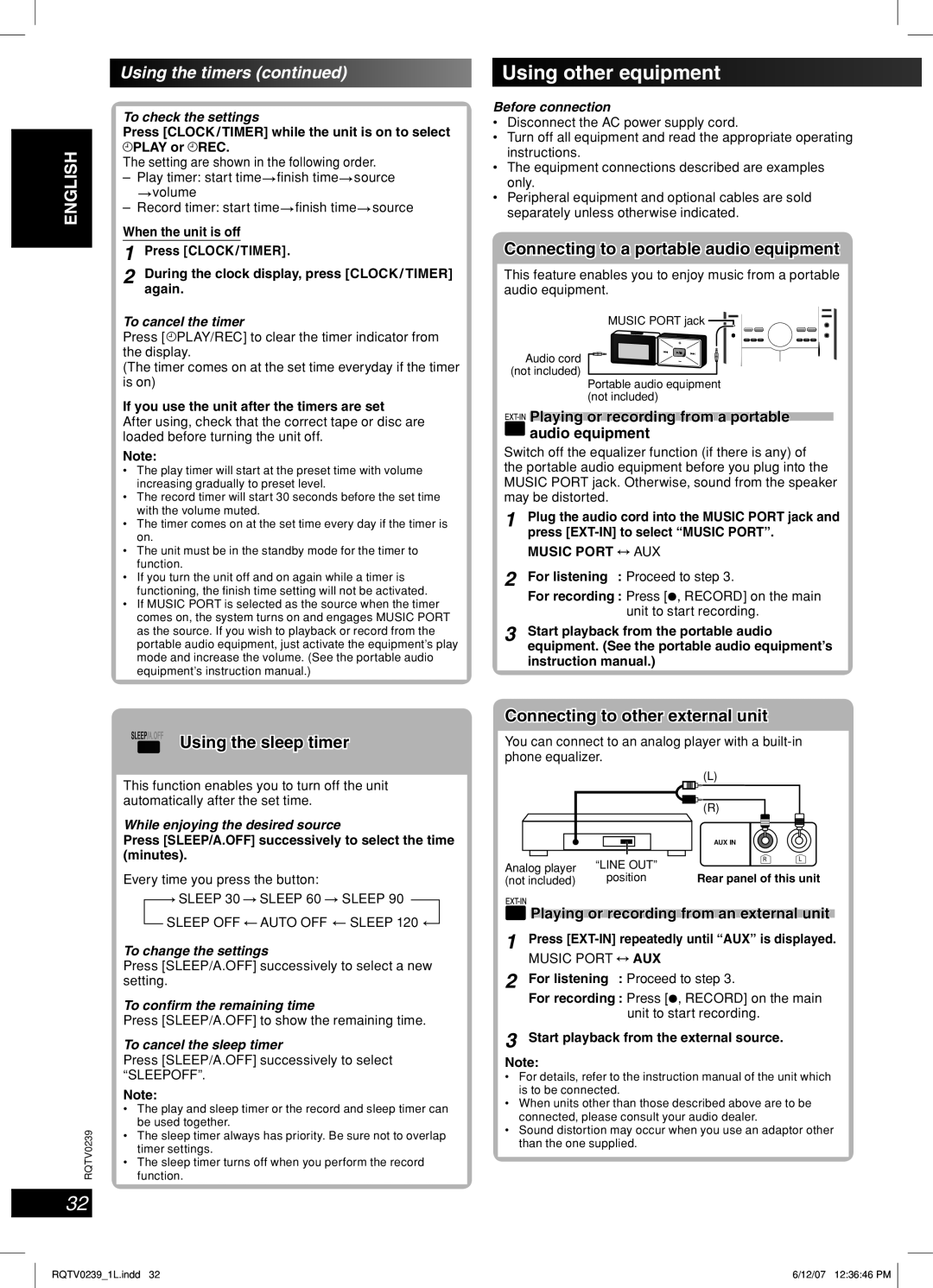 Panasonic SC-VK960, SC-VK760 manual Using other equipment, Using the sleep timer, Connecting to a portable audio equipment 