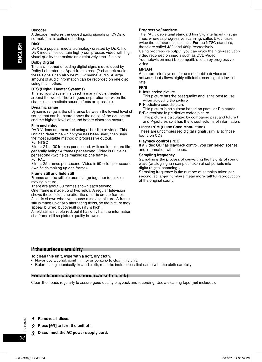 Panasonic SC-VK860, SC-VK760, SC-VK960 manual Glossary, Maintenance, When moving the unit, If the surfaces are dirty 