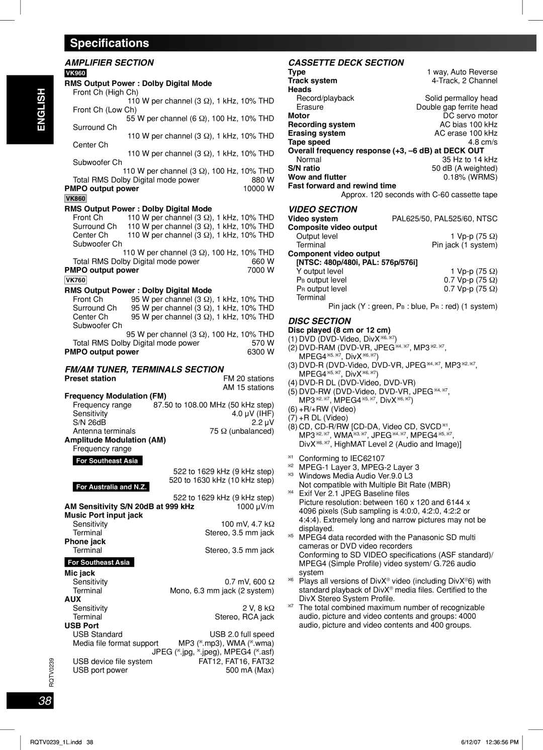 Panasonic SC-VK960, SC-VK760, SC-VK860 manual Speciﬁcations 