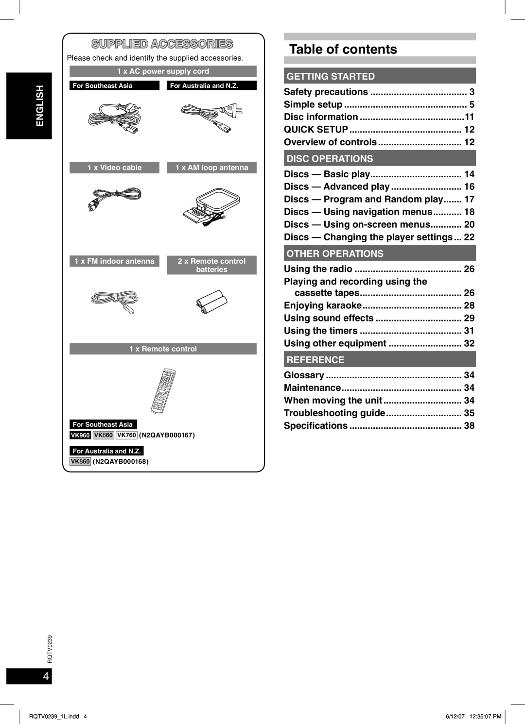 Panasonic SC-VK860, SC-VK760, SC-VK960 manual Table of contents 