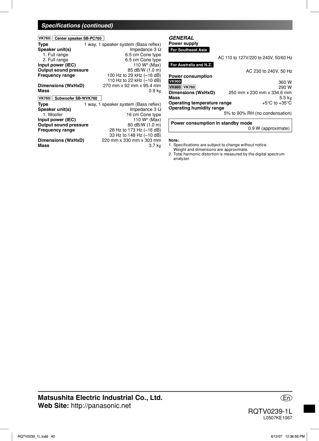 Panasonic SC-VK860, SC-VK760, SC-VK960 manual Speciﬁcations 