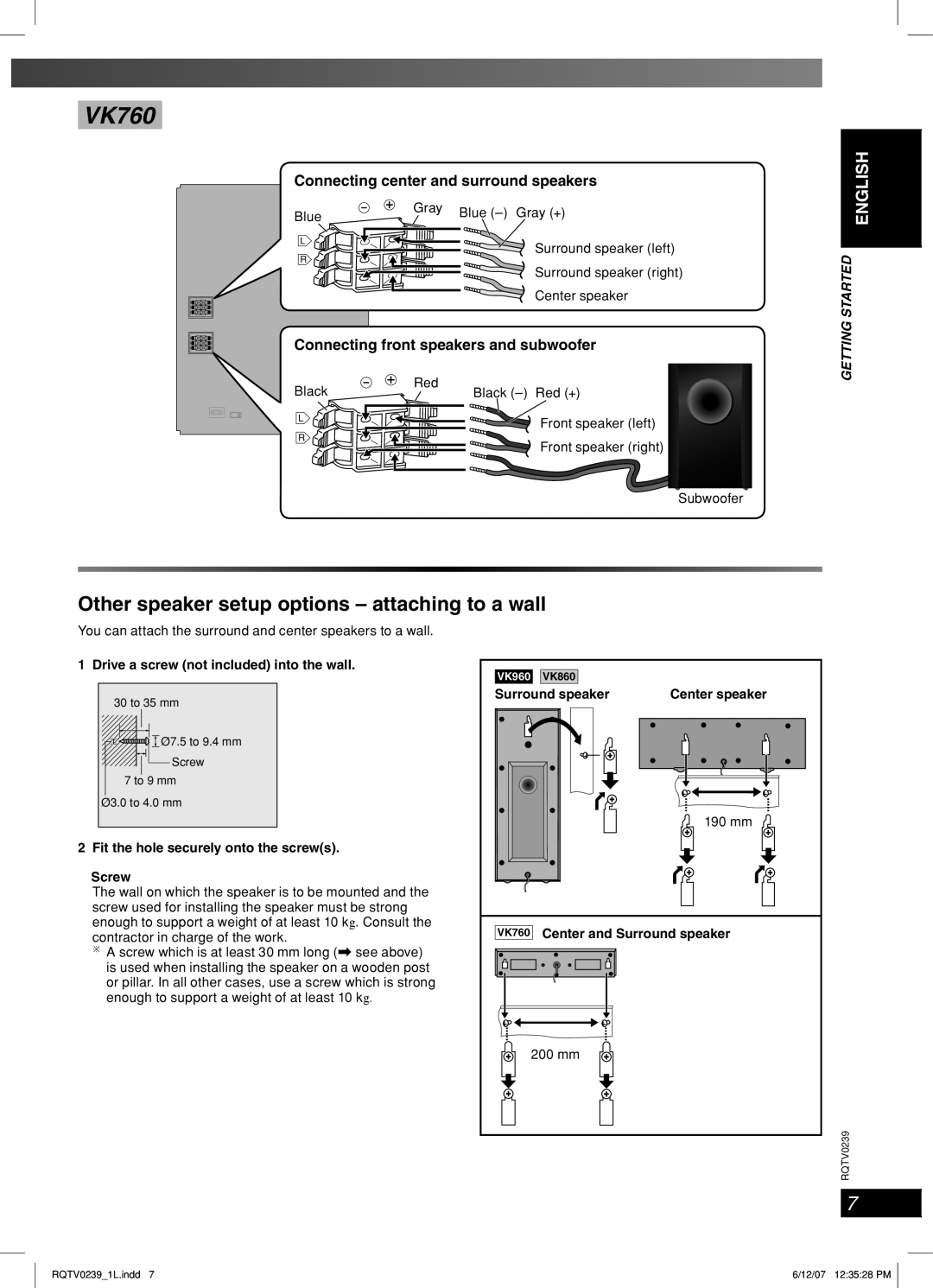 Panasonic SC-VK860, SC-VK760 Other speaker setup options attaching to a wall, Drive a screw not included into the wall 