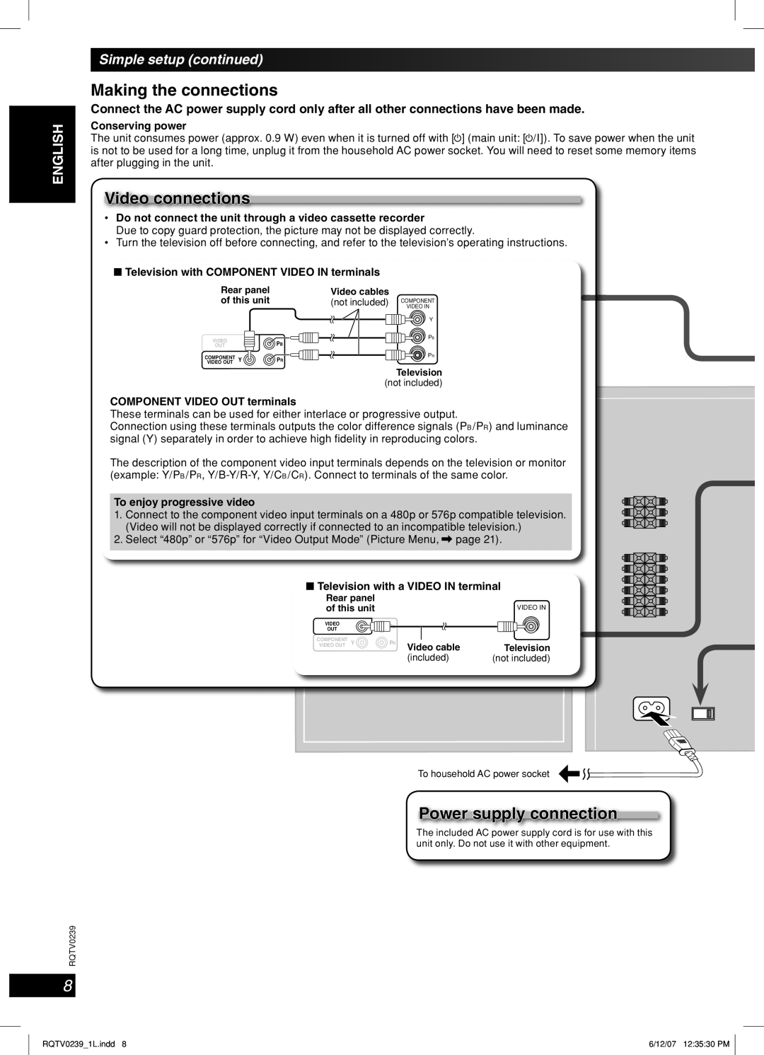 Panasonic SC-VK960, SC-VK760, SC-VK860 manual Making the connections, Video connections, Power supply connection 